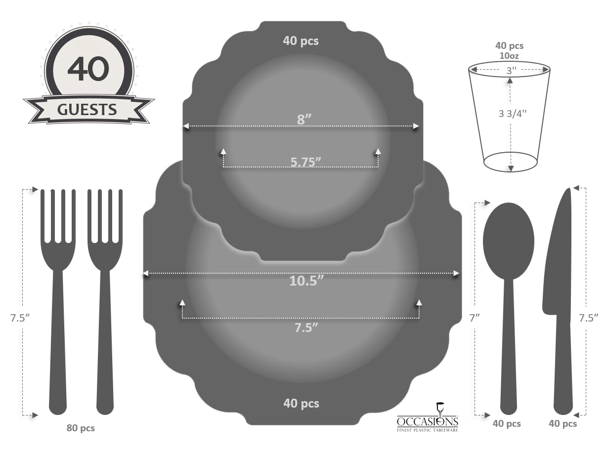320-Piece Heavyweight Disposable Plastic Plate Set for Weddings & Parties - 40 x 10.5'' Dinner Plates + 40 x 8'' Dessert Plates + Silverware + Cups + Napkins (White, Blue & Gold) - Perfect for Large Gatherings, Catering Events & Special Occasions