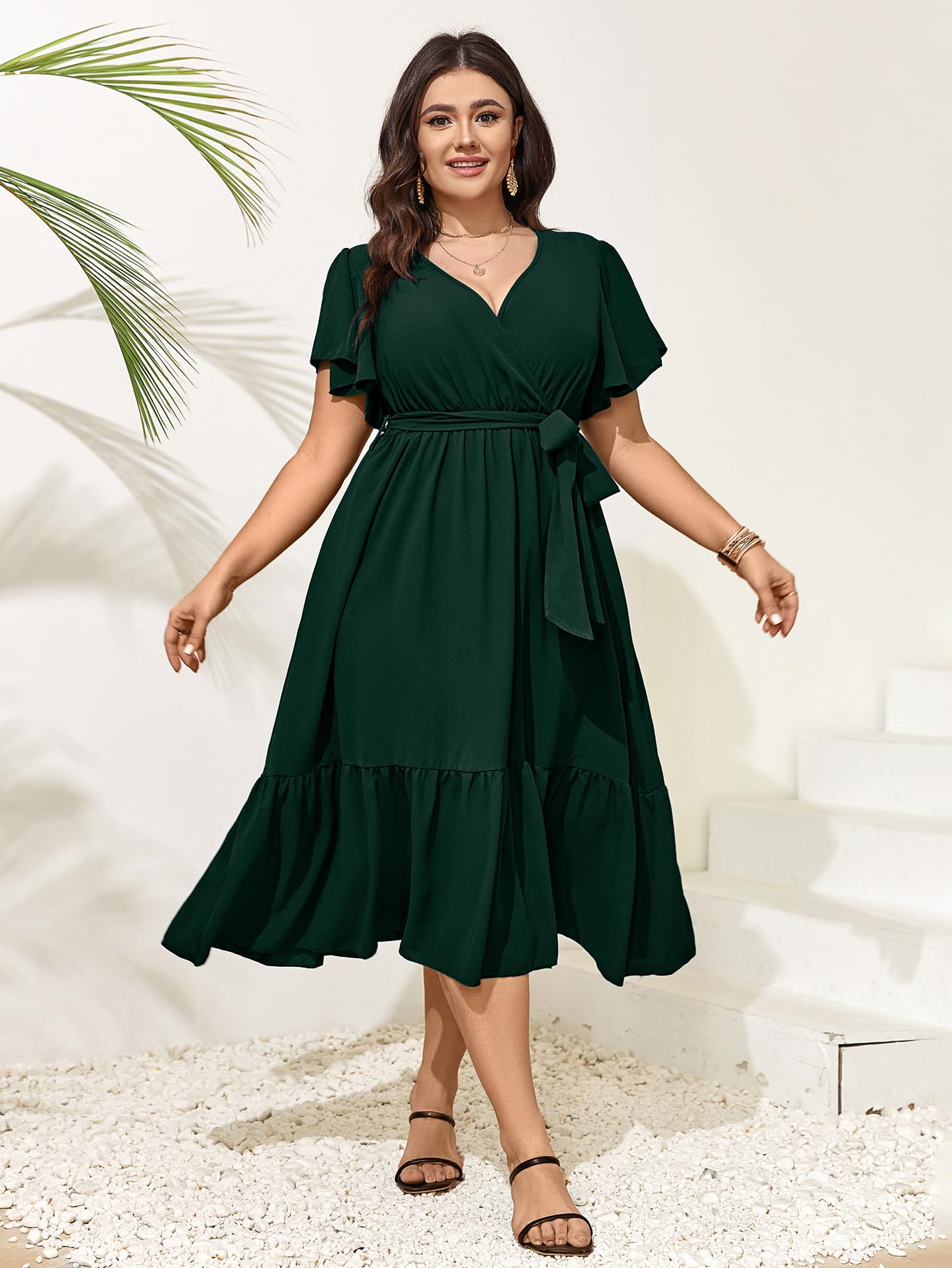 Elegant SCOMCHIC Plus Size Wedding Guest Dress - Summer Wrap V-Neck Short Sleeve with Belt & Ruffle Hem | Flowy A-Line Maxi Dress for Bridal Showers, Garden Parties & Formal Events