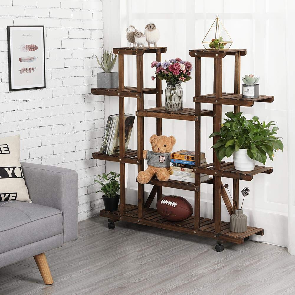 Yaheetech 3-Tier Wooden Plant Stand with Detachable Wheels - Indoor Outdoor Flower Shelf for Garden, Balcony, Patio, Living Room - Perfect for Displaying Plants in Small Spaces and Home Decor