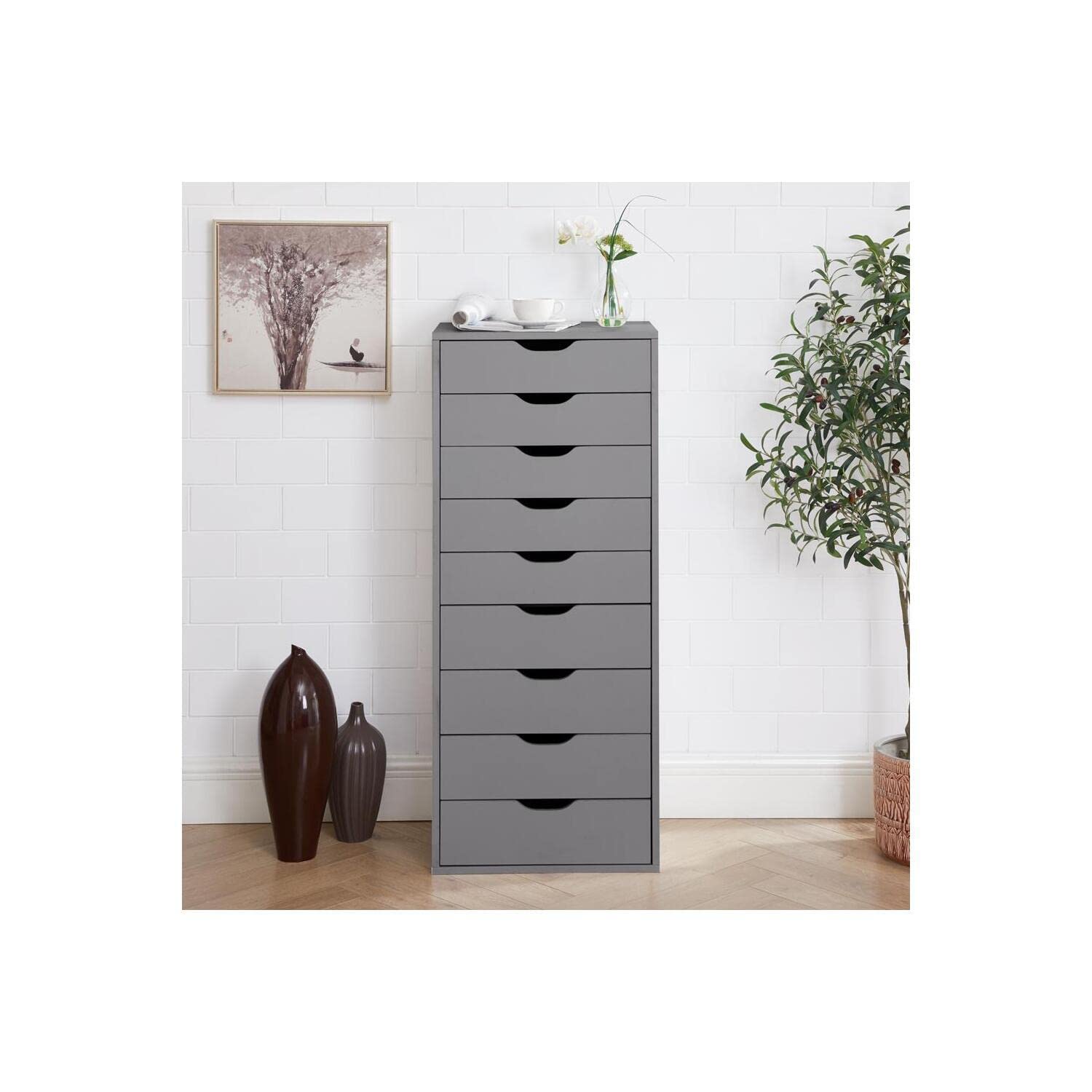 Naomi Home Office Wooden Lateral File Cabinet - 9-Drawer Mobile Storage Cabinet with Wheels, Gray - Perfect for Organizing Documents in Home Office or Small Workspace