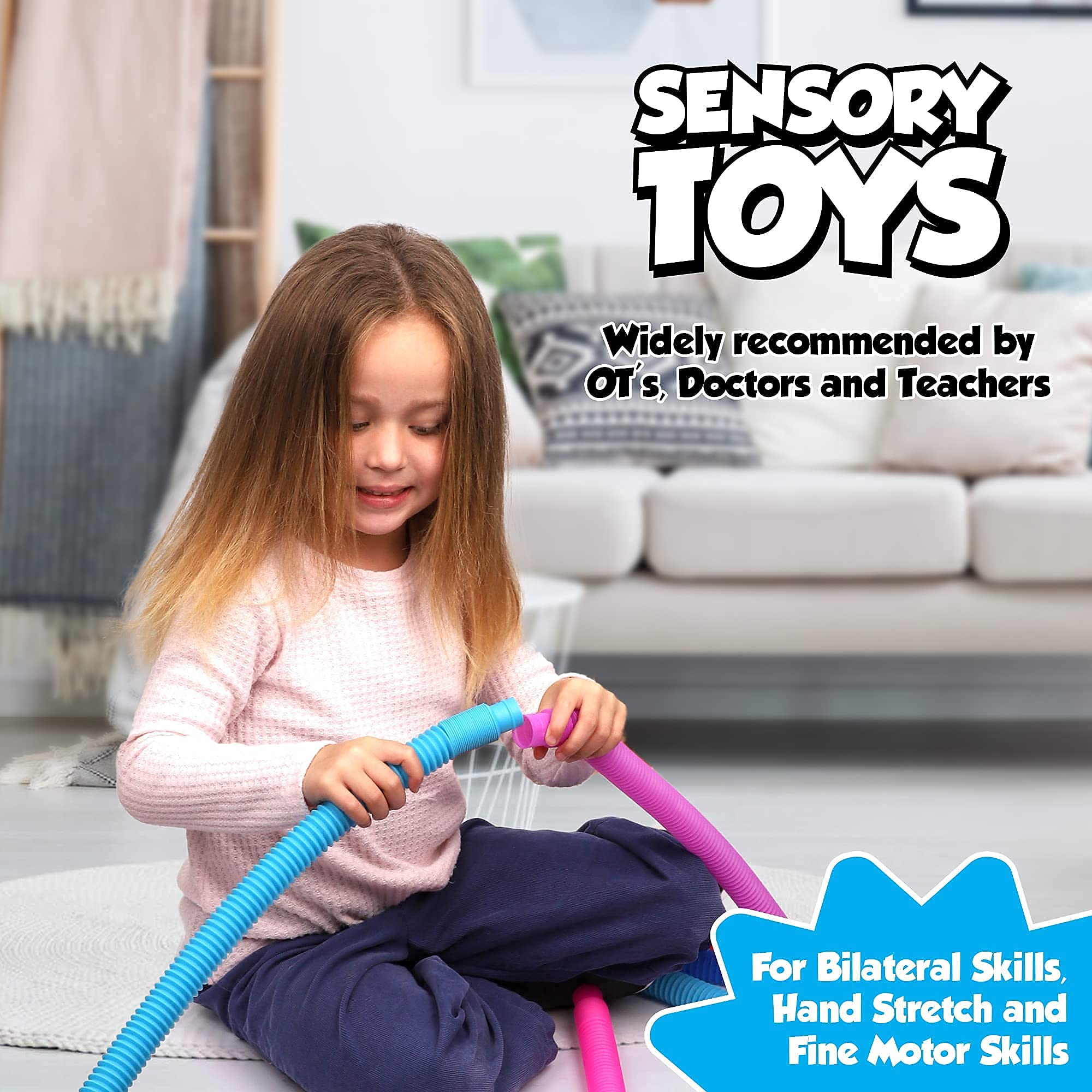 Pop Tubes Sensory Toys 4 Pack - Stretchy Fidget Toys for Kids & Adults, Fine Motor Skills Development, Stress Relief & Learning Toys (7.5