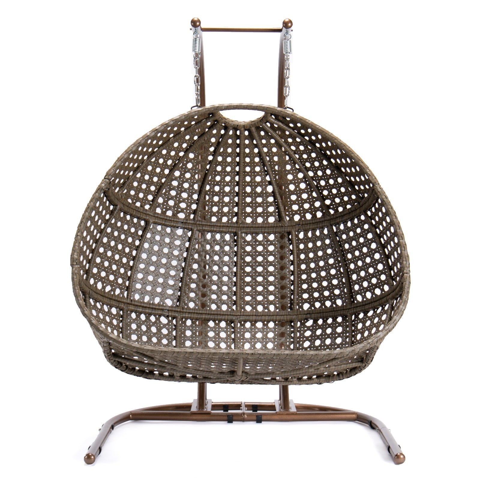 Brown Wicker Hanging Double Seat Swing Chair with Stand & Beige Cushion - Outdoor Patio Furniture for Garden, Backyard, Porch Relaxation