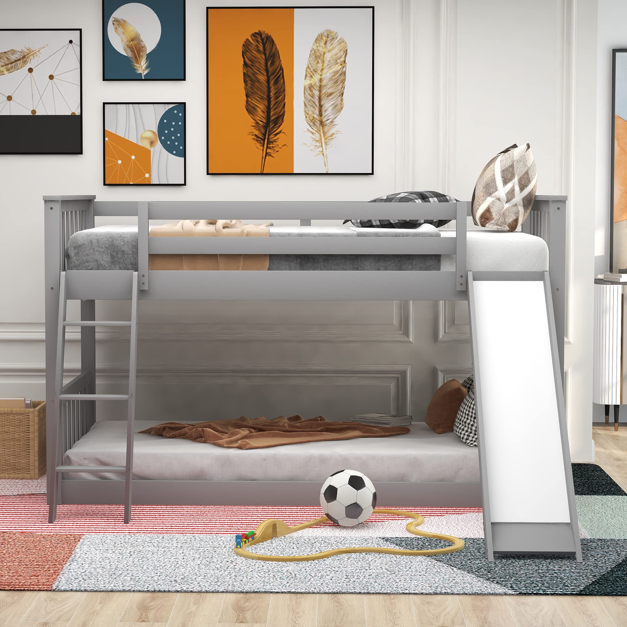 P PURLOVE Twin Over Twin Bunk Bed with Reversible Slide & Ladder - Sturdy Wooden Bunk Bed Frame for Kids, Teens, Boys & Girls in Gray - Perfect for Shared Bedrooms, Sleepovers & Small Spaces