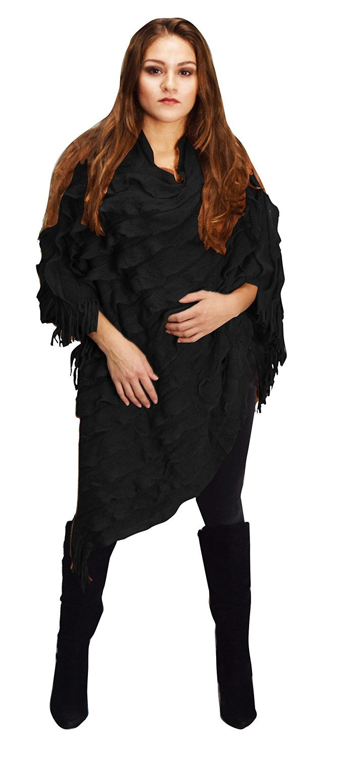 Stylish Women's Ruffle Fringe Poncho Shawl - Boho Chic Knit Wrap Cape for Fall & Winter - Perfect for Outdoor Activities, Parties, and Casual Wear