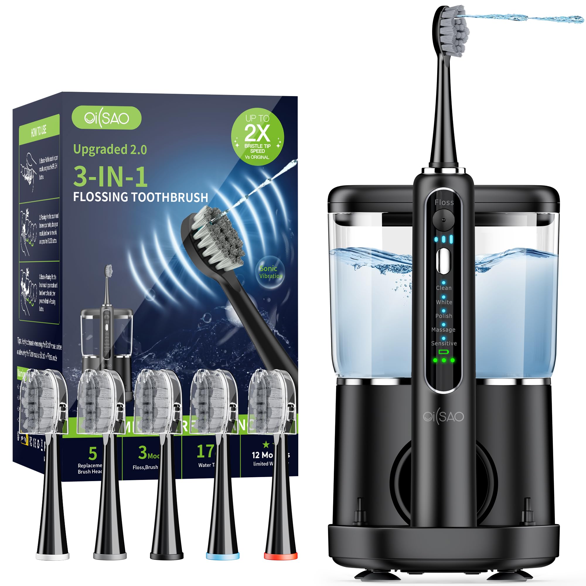 Professional Electric Toothbrush with Water Flosser Combo - 5 Brush Heads for Deep Teeth Cleaning & Gum Care | Perfect for Travel, Home Use & Dental Hygiene Routine (Black)