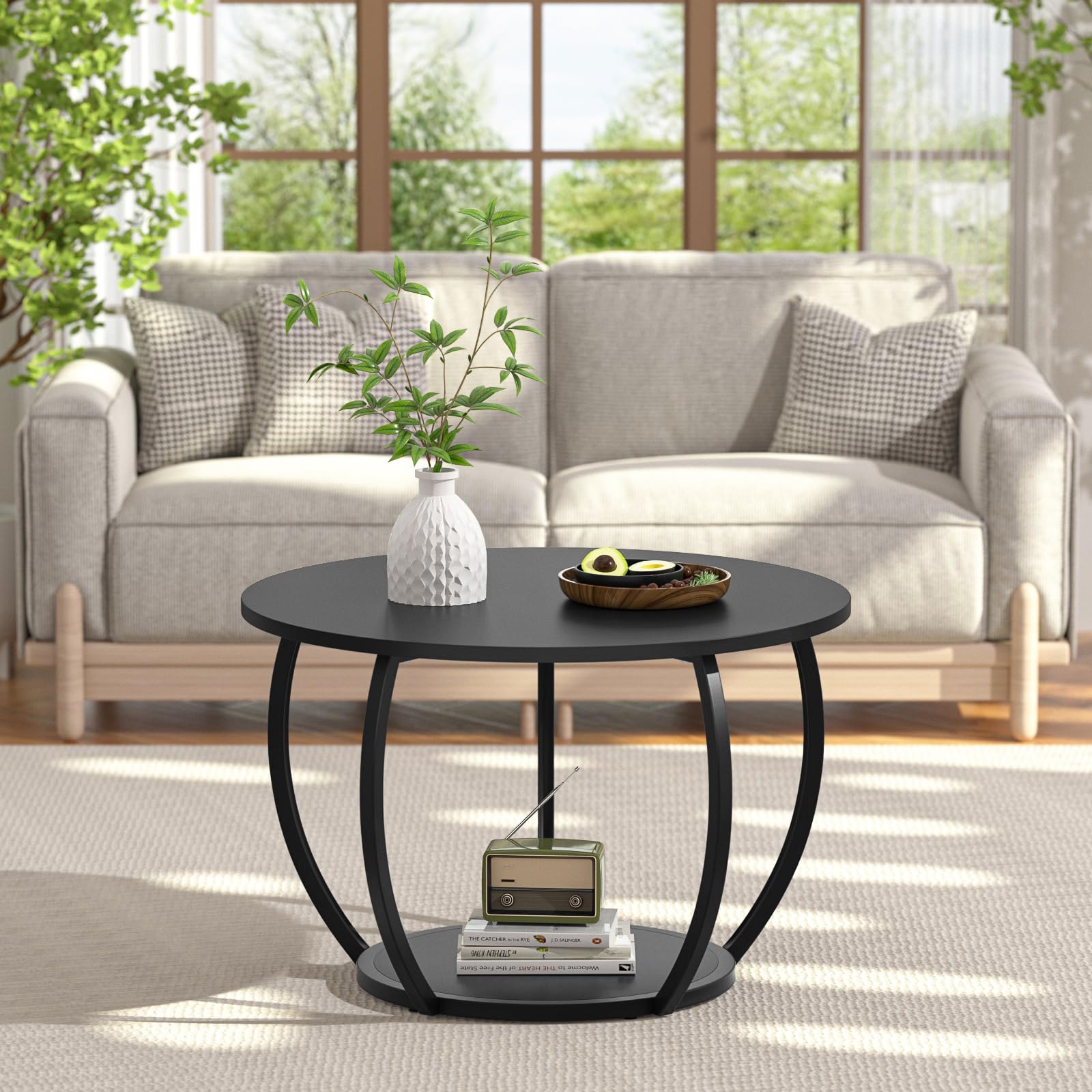 GreenForest 27.6 Inch Round Coffee Table with Storage - Adjustable Feet 2-Tier Farmhouse Style Center Table for Living Room, Home Office - Black | Perfect for Small Spaces, Coffee Time & Family Gatherings