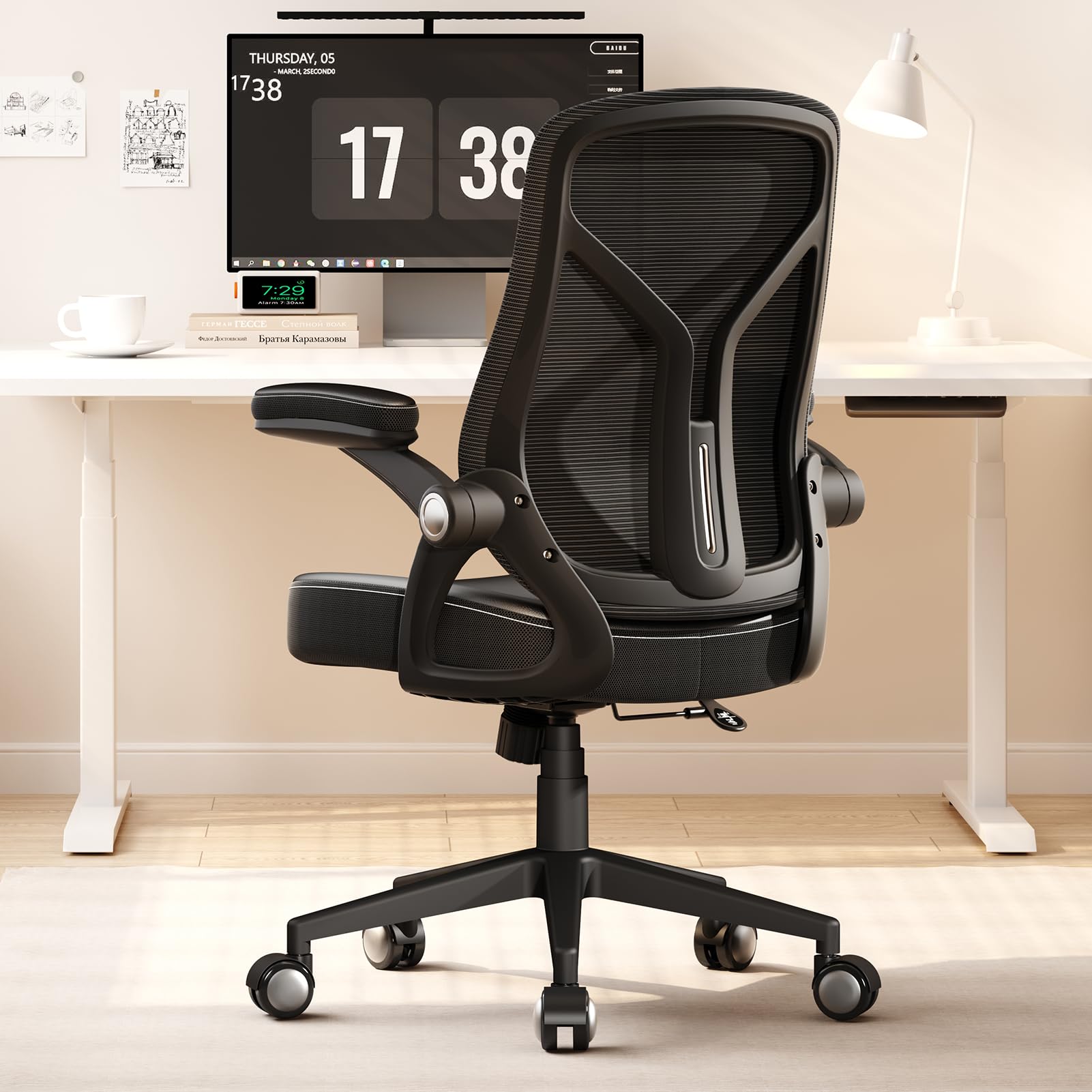 Ergonomic Office Desk Chair - PU Leather Home Office Chair with Mesh Mid-Back & Flip-Up Armrests, Black Executive Task Chair for Computer Work, Gaming & Long Sitting Comfort