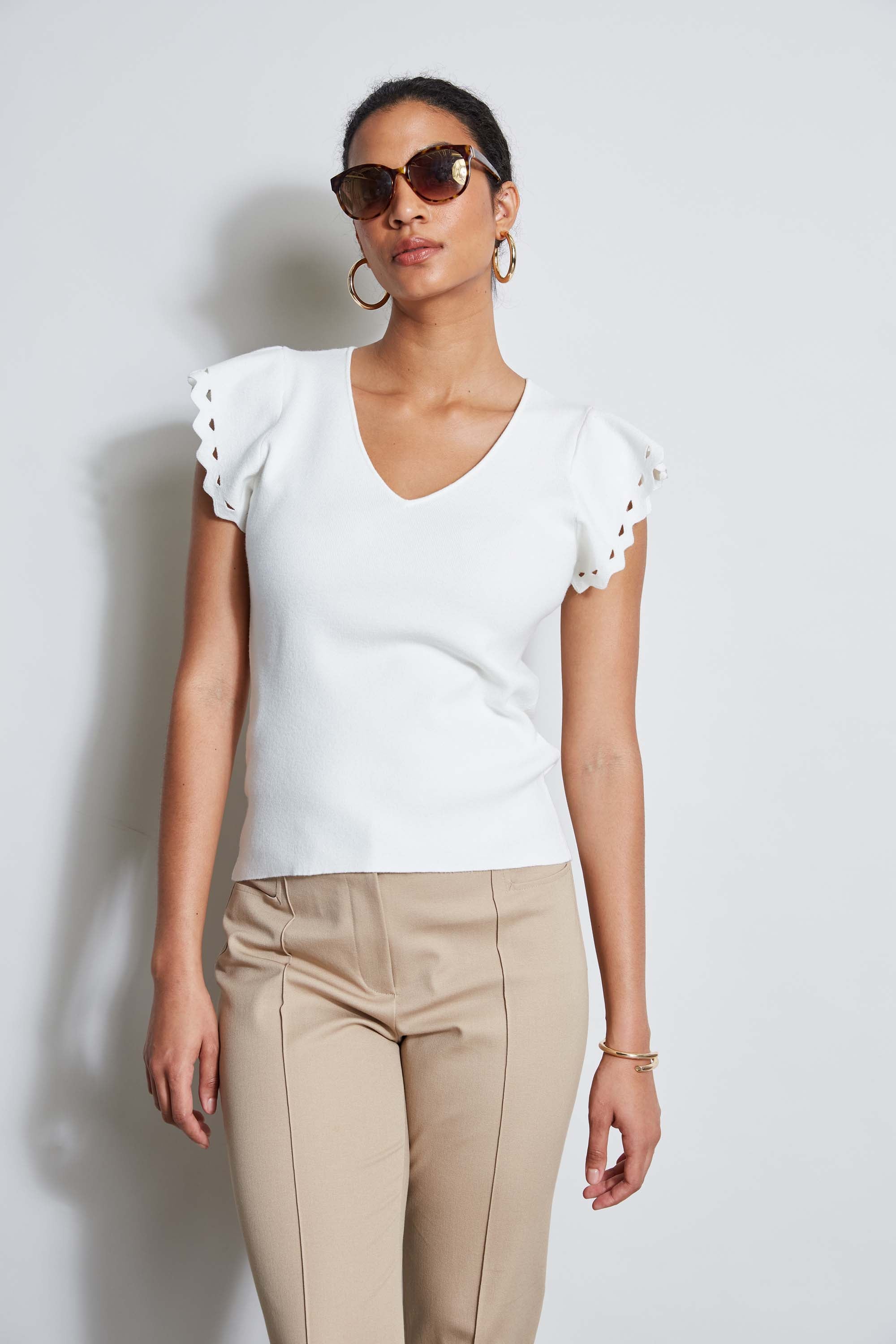 Tahari Women's Laser Cut Flutter Sleeve Sweater - Elegant Knit Pullover for Work, Date Night & Fall Fashion