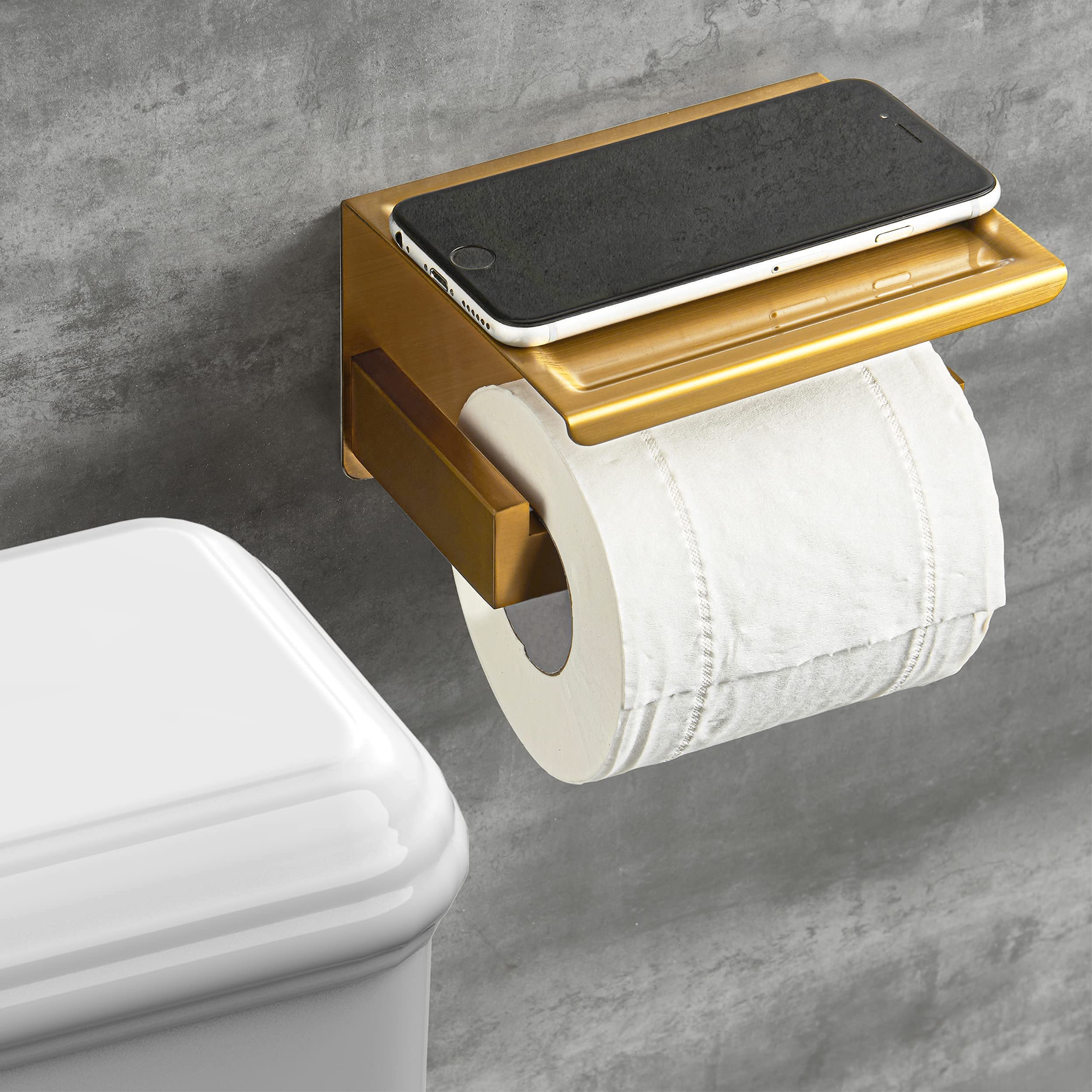 HITSLAM Gold Toilet Paper Holder - Brushed Brass Adhesive Wall-Mounted Bathroom Tissue Holder with Shelf - No Drilling Required, Easy Installation for Small Bathrooms, Apartments and RVs