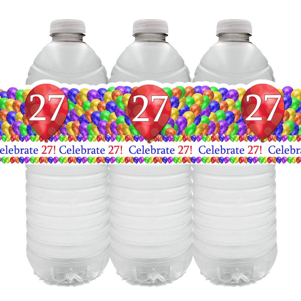 Partypro 27th Birthday Balloon Blast Water Bottle Labels - 24 Count Pack for Birthday Party Decorations, Anniversary Celebrations & Special Events
