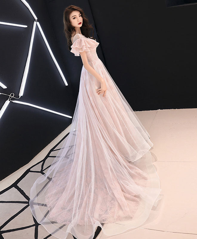 Elegant Pink Round Neck Tulle Lace Long Prom Dress - Formal Evening Gown for Homecoming, Ball, Wedding & Special Occasions