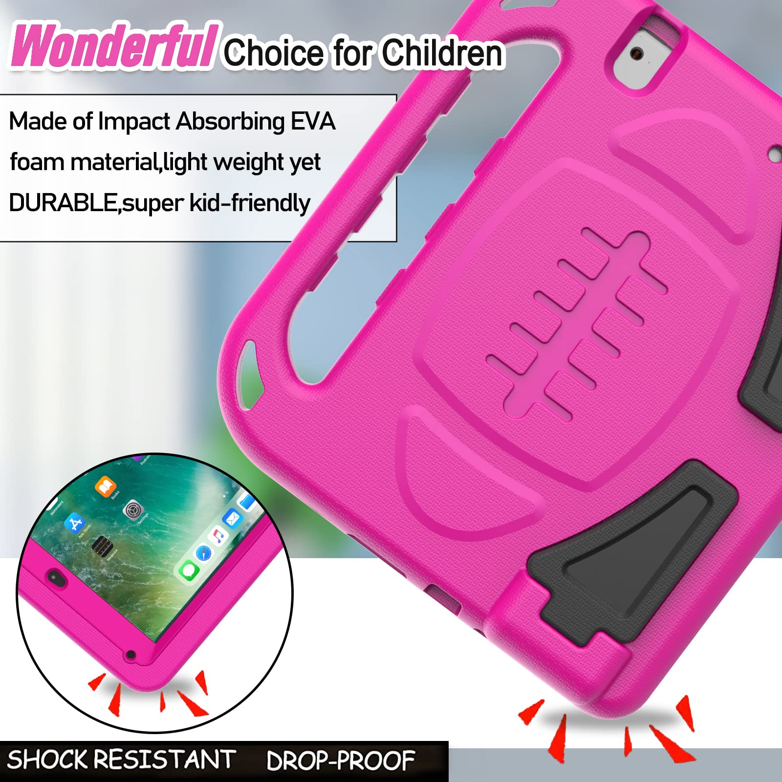 LTROP Shockproof Kids iPad Case for iPad 6th/5th Generation & iPad Air 2 (9.7 Inch 2018/2017) with Built-in Screen Protector & Handle Stand - Rose | Durable Protective Cover for School, Travel, and Home Learning