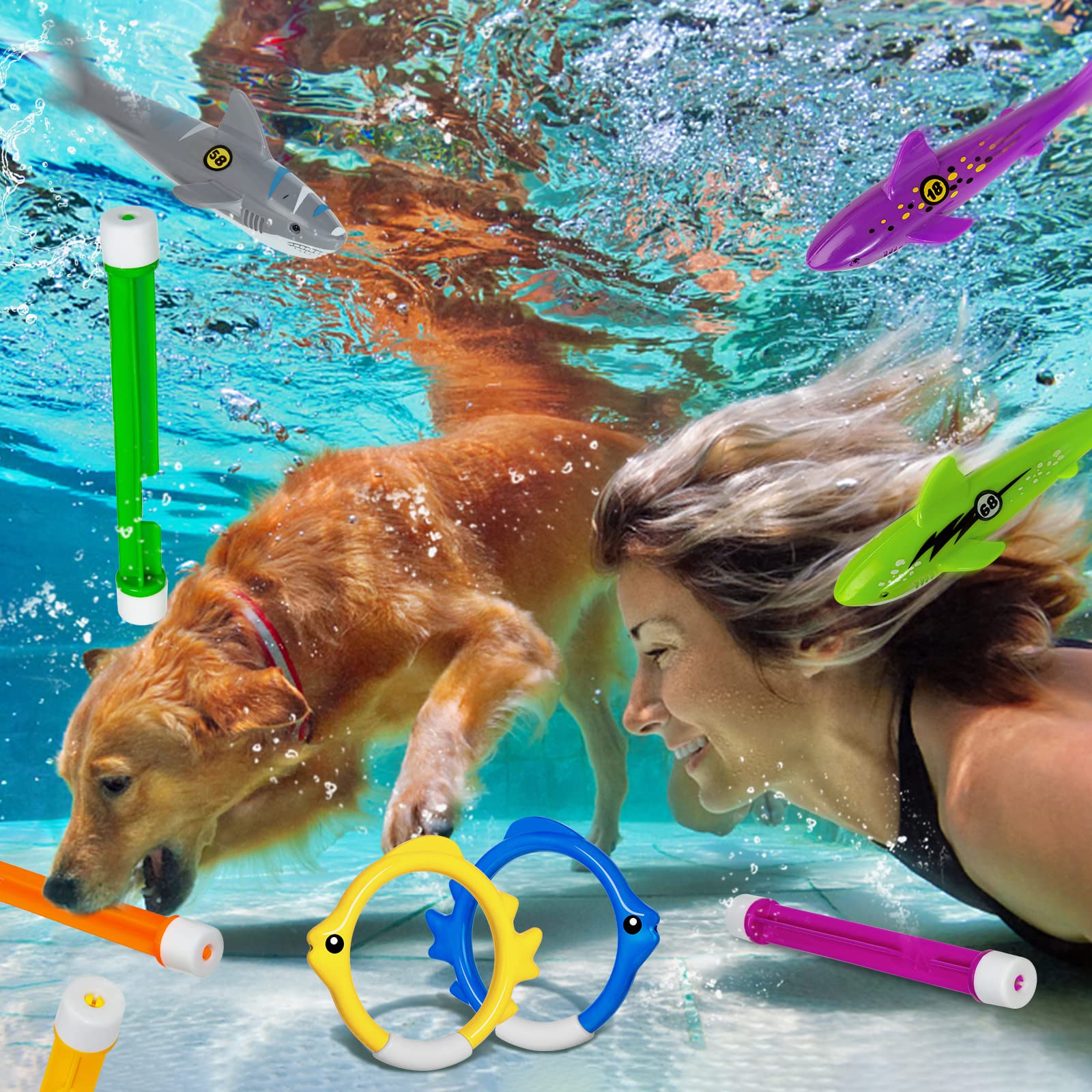14 Pcs Kids Pool Toys Set for Ages 4-8 - Diving Rings, Shark Torpedo Bandits & Swimming Training Toys | Fun Summer Water Games for Children's Swimming Lessons & Pool Parties