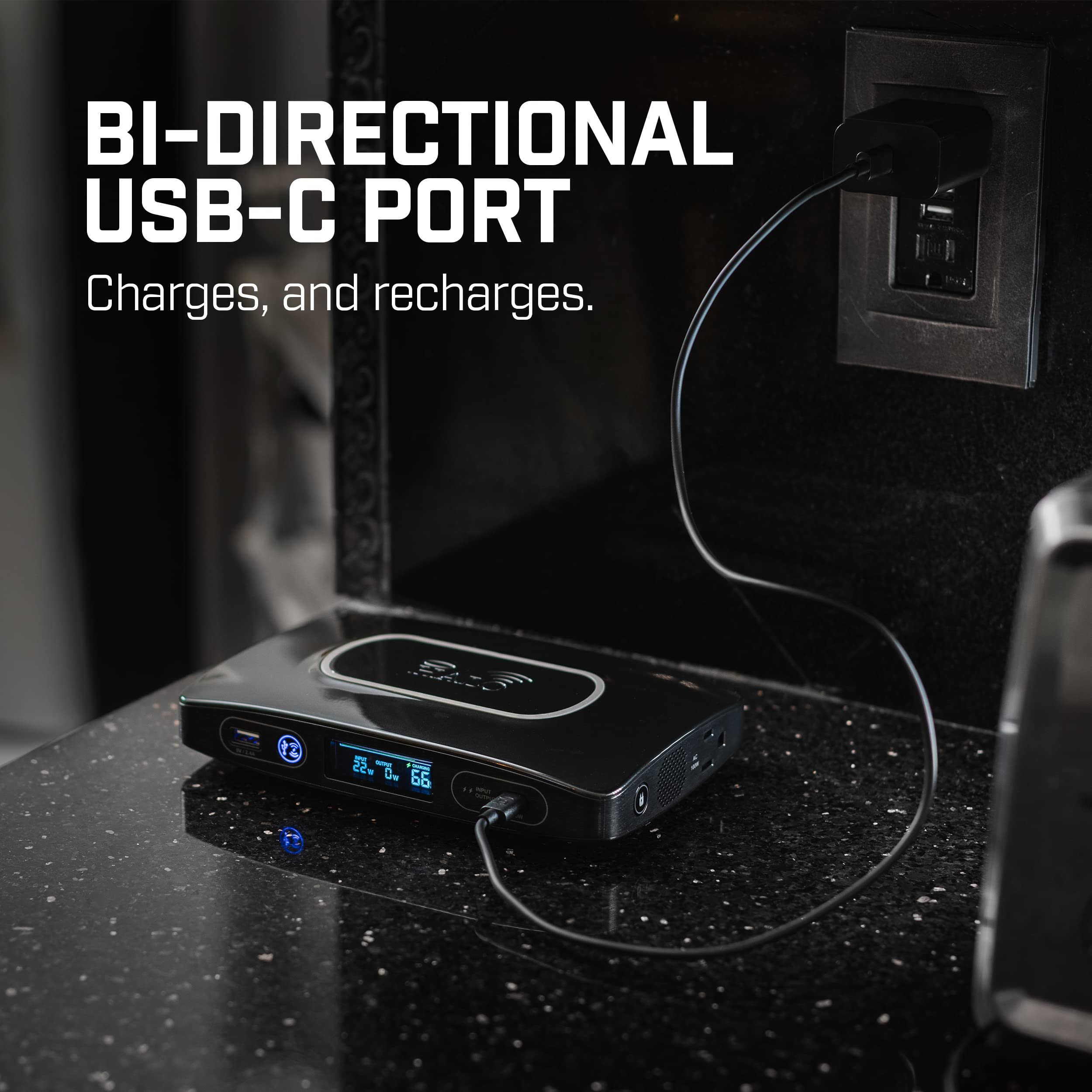 HALO PS-100 Portable Power Station 100W with AC Outlet, USB Ports & Wireless Charger - Compact 110V Laptop Charger for Camping, Emergencies & Outdoor Adventures (Charcoal)