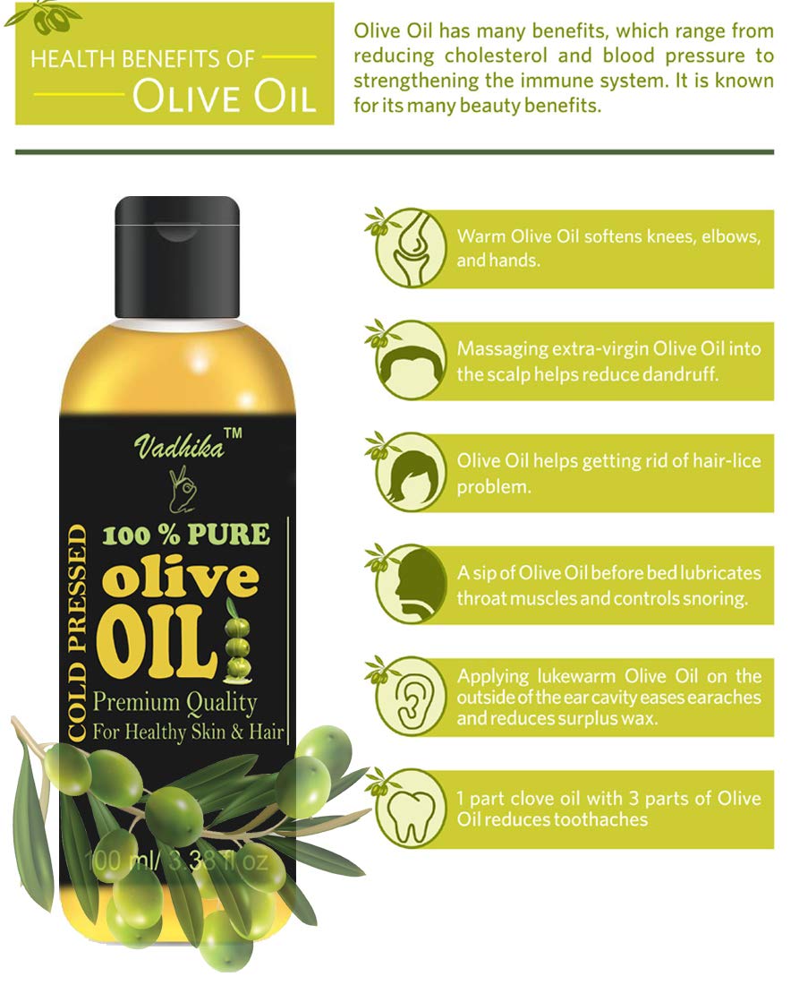 Vadhika 100% Pure Cold Pressed Olive Oil for Hair Growth, Skin Care & Massage - 2 Pack (100ml Each) | Organic, Unrefined & Chemical-Free | Perfect for DIY Beauty, Cooking & Aromatherapy