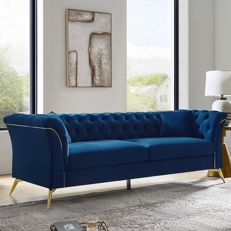Modern Luxury Glam Velvet Sofa with Tufted Buttons & Gold Metal Accents - Elegant Living Room Furniture for Home Decor, Lounge & Entertaining