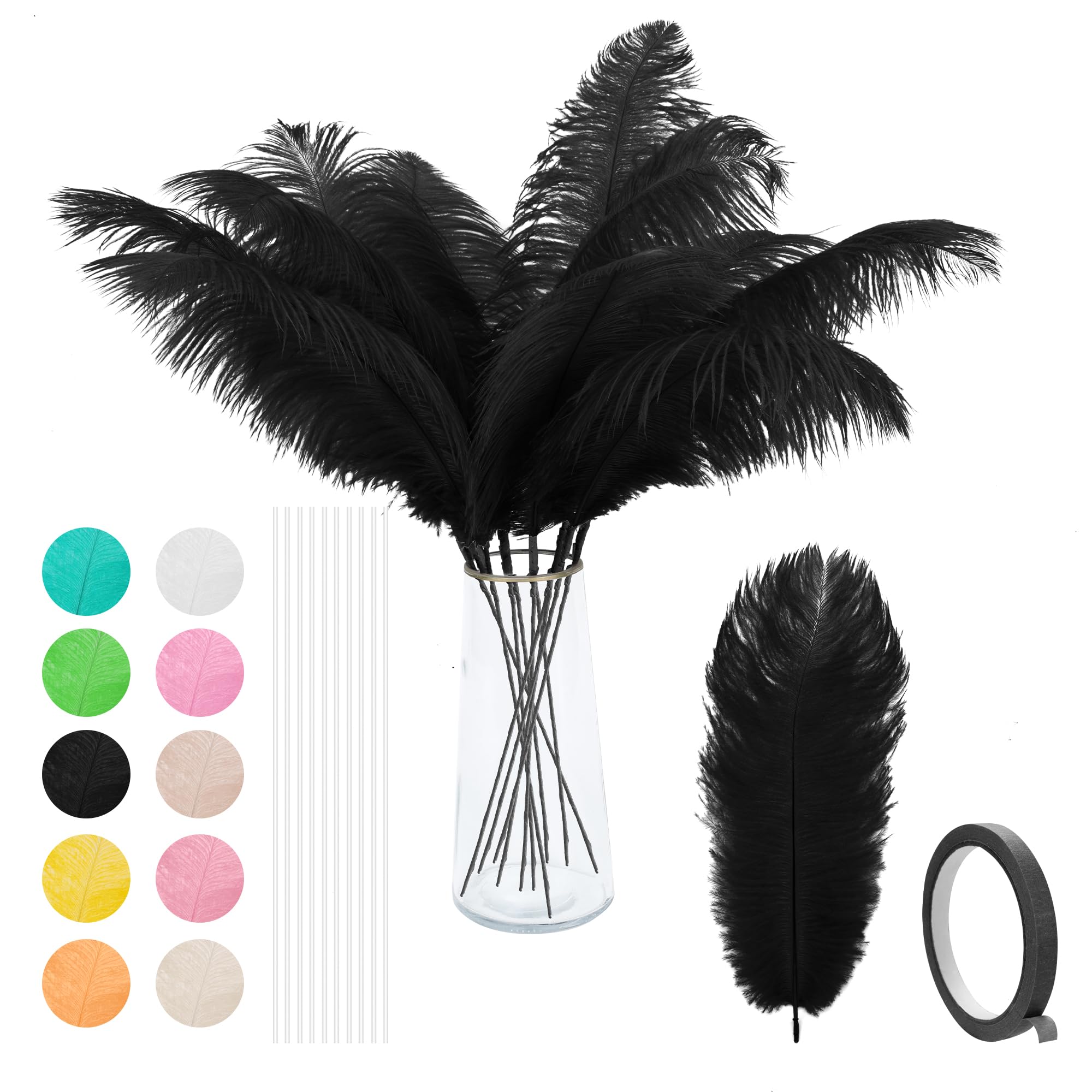 VONMXVTE Black Ostrich Feathers 12Pcs 12-14 Inch - Premium Decorative Feathers for Vase, Wedding Centerpieces, Party Decorations & Home Decor - Perfect for Boho, Rustic & Glamorous Events