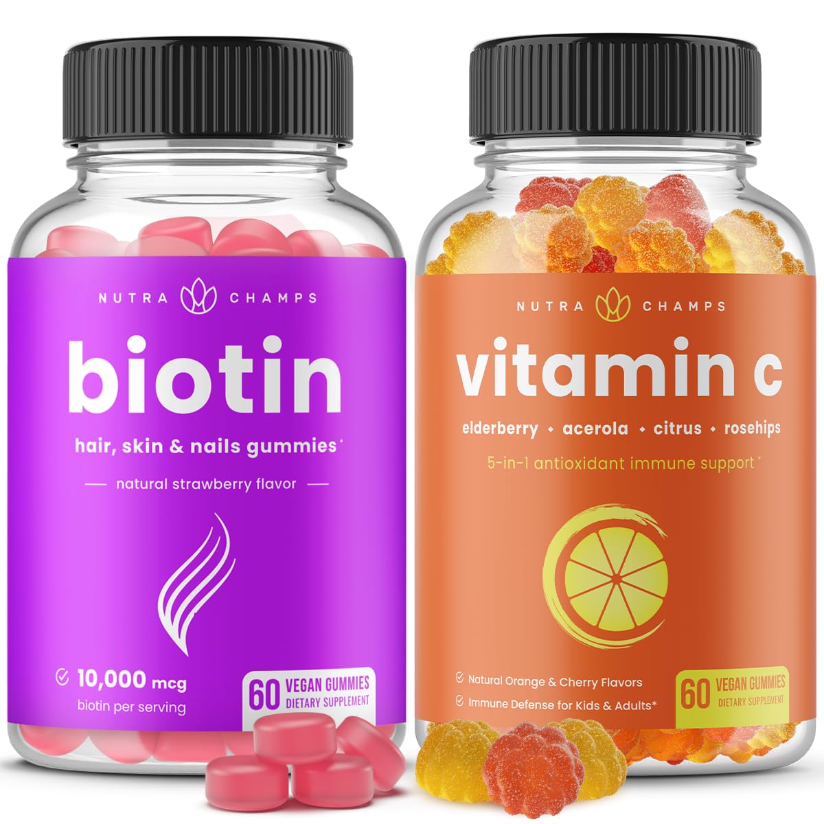 NutraChamps Biotin Gummies for Hair Growth & Vitamin C Gummies (2-Pack) Bundle - Supports Healthy Skin, Nails & Immune System - Perfect for Daily Wellness Routine & Beauty Supplement Regimen