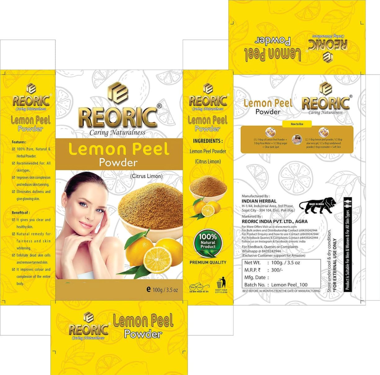 Organic Lemon Peel Powder for Face - 100% Natural Vitamin C Brightening Face Pack for Glowing Skin (100g) | DIY Skincare, Homemade Face Masks & Exfoliating Scrubs