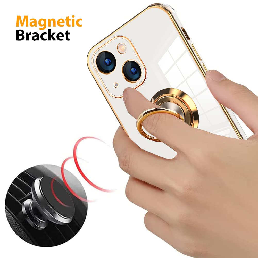Premium Magnetic iPhone 13 Case (6.1 Inch) with 360° Rotating Kickstand, Built-in Screen Protector & Shockproof Bumper - Slim Soft Edges Protective Cover (White) - Perfect for Work, Travel & Everyday Use