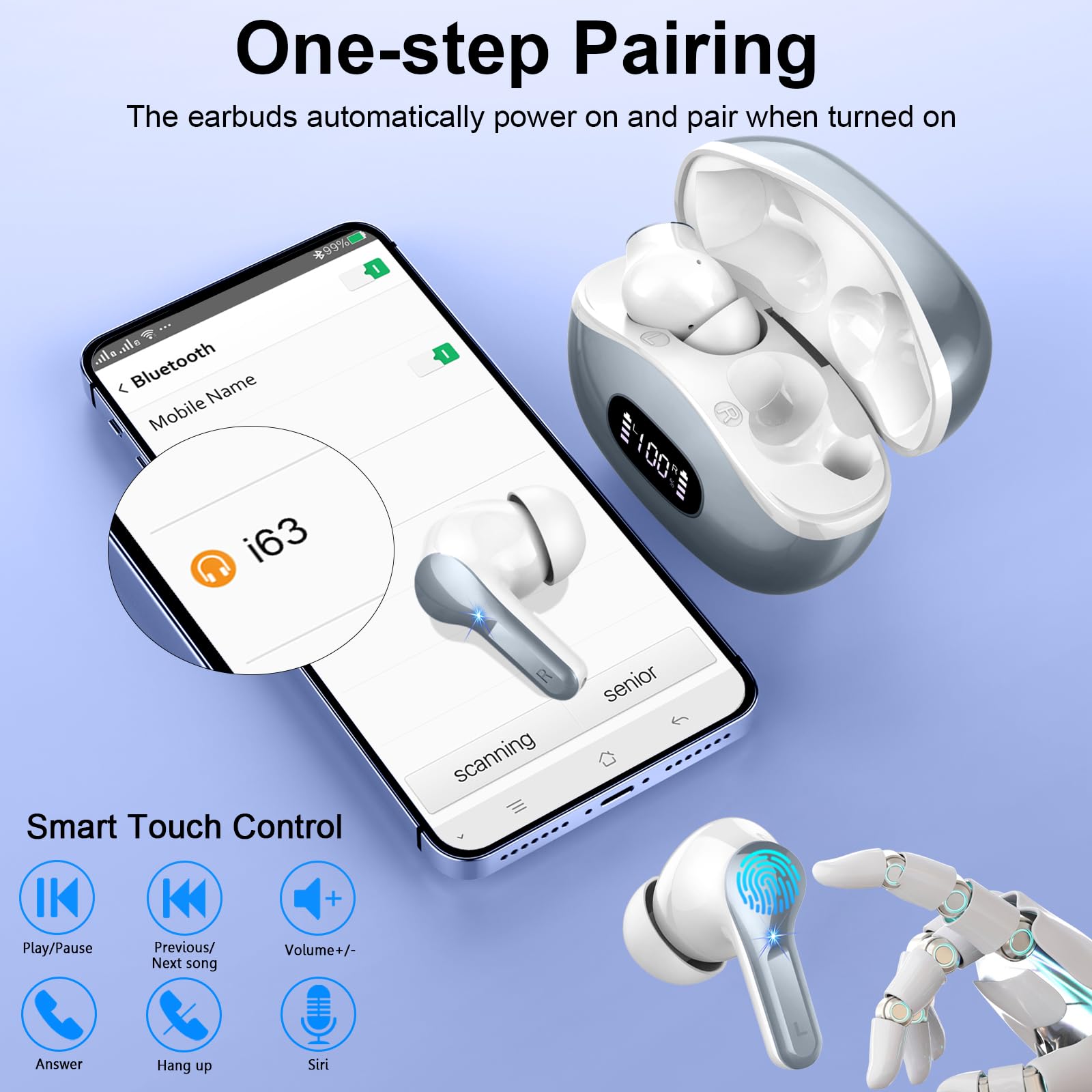 2024 Wireless Earbuds Bluetooth 5.4 with ENC Noise Cancellation, 40H Playtime & Deep Bass, IP7 Waterproof LED Display Headphones for Android iOS - Perfect for Gym, Running, Commuting & Travel (Grey)