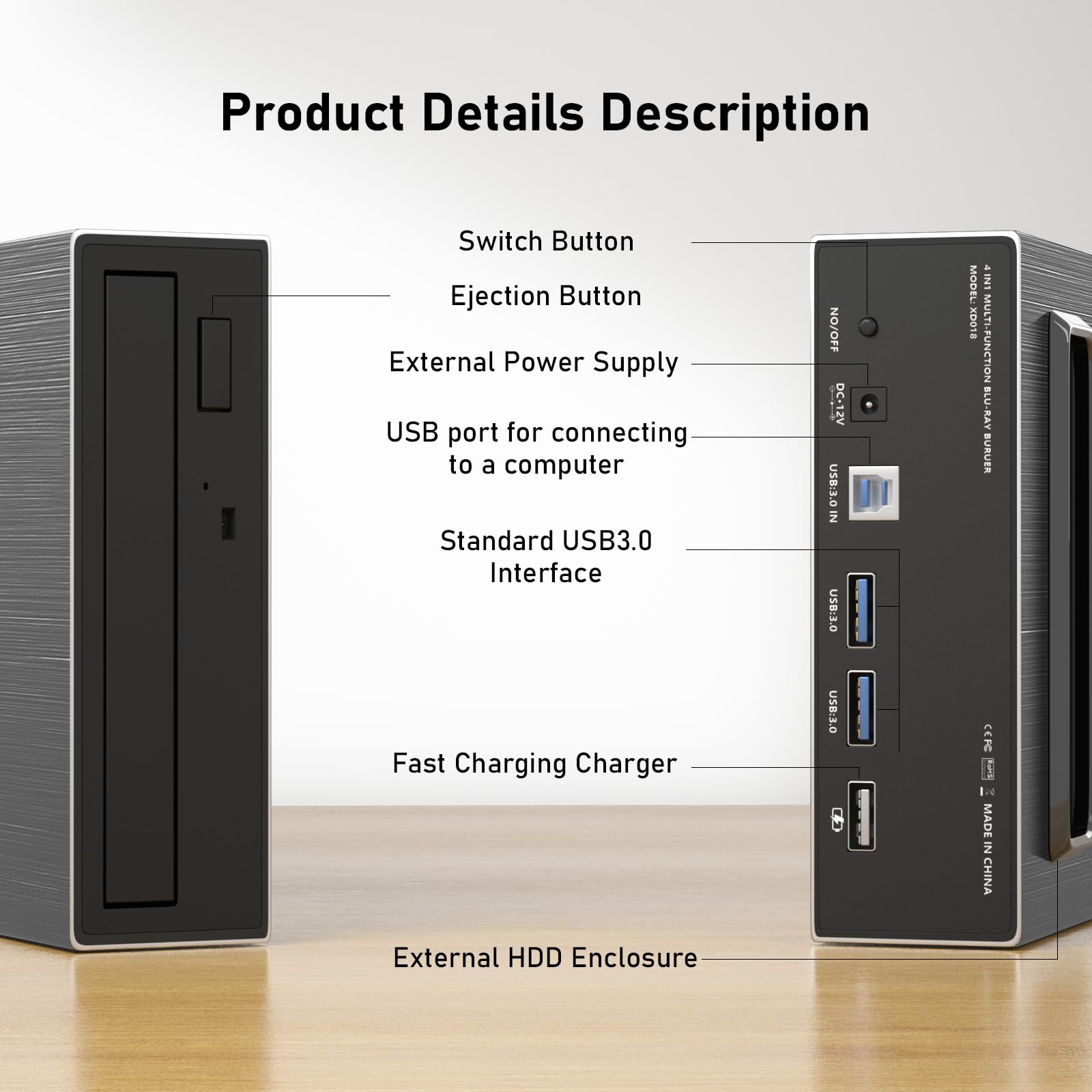 4-in-1 External Blu-ray Drive with USB 3.0 & Type-C - 16x BD/DVD/CD Burner & Reader with Fast Charging & HDD Enclosure - Compatible with Mac & PC - Perfect for Home Theater, Office Work & Media Backup