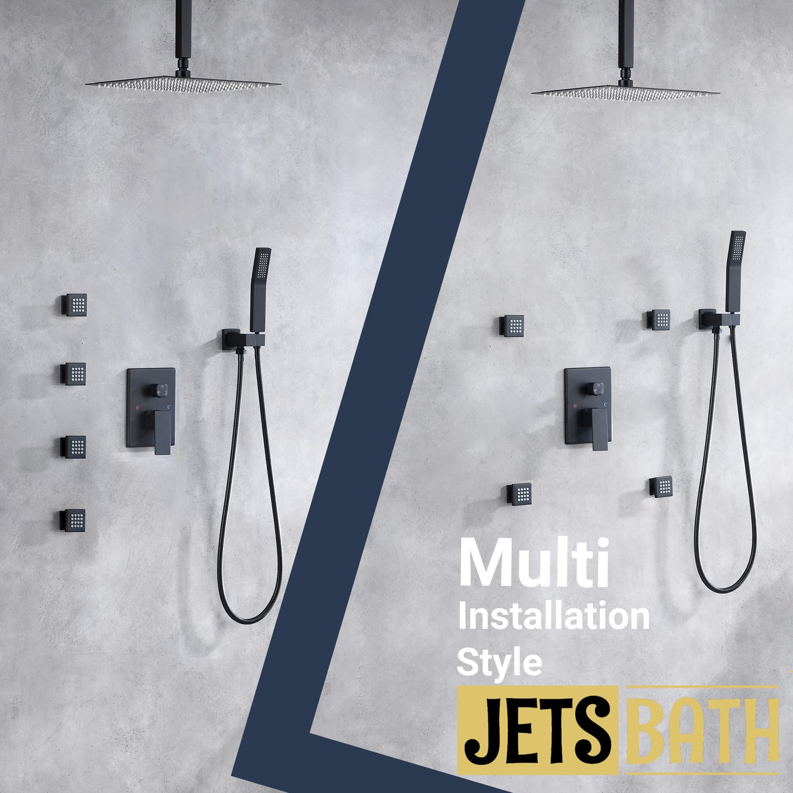 JetsBath 12'' Ceiling Rain Shower System with Handheld Shower Head - Matte Black Full Body Shower Set with Adjustable Spray Jets (JB3412C-MB) - Perfect for Luxurious Spa-Like Bathroom Experience and Modern Home Renovation