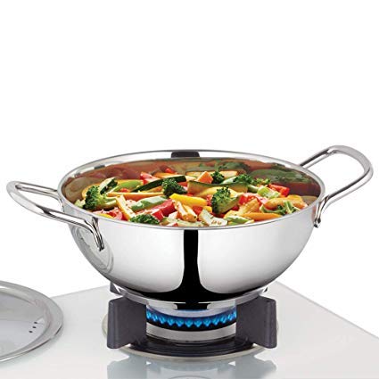 Premium Stainless Steel Deep Kadhai with Lid - 2.3L Indian Cooking Wok for Stir Fry, Curry & Deep Frying - Ideal for Home Kitchens & Restaurant Use