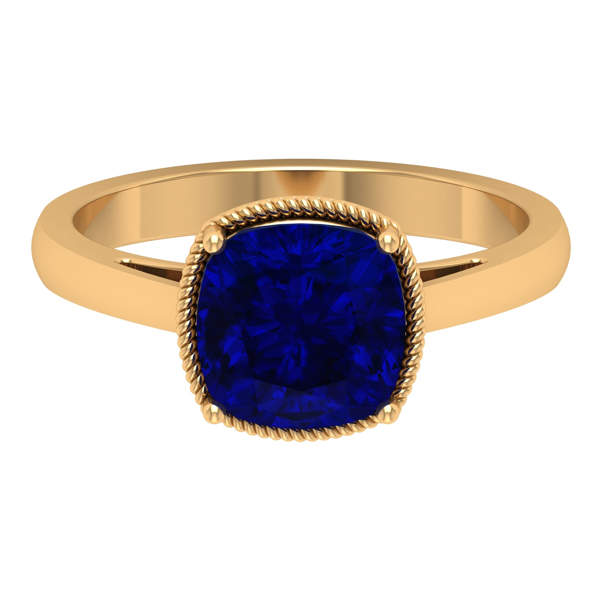 8MM Blue Sapphire Solitaire Ring - Cushion Cut AAA Quality September Birthstone Ring in 14K Solid Gold with Twisted Rope Design | Elegant Engagement, Anniversary Gift & Special Occasion Jewelry