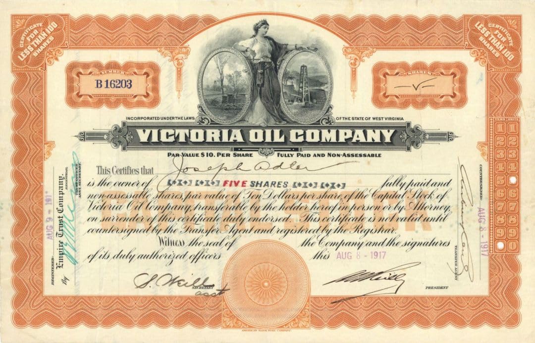 Victoria Oil Co. Vintage 1917-1921 Stock Certificate - Rare Collectible for Historical Document Enthusiasts & Wall Decor