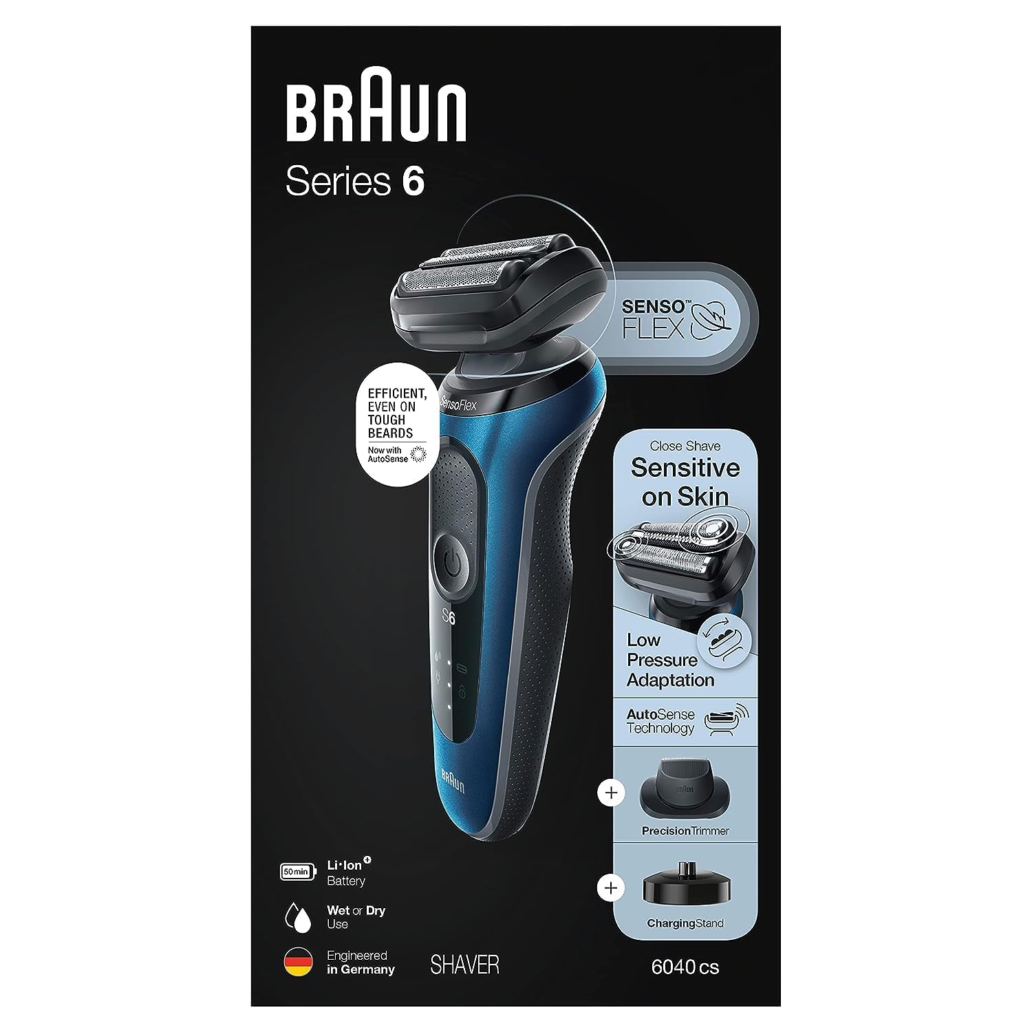 Braun Series 6 6040cs Electric Shaver for Men - Wet & Dry Rechargeable Cordless Foil Shaver with Precision Trimmer & Charging Stand - Blue | Perfect for Travel, Home & Office Use