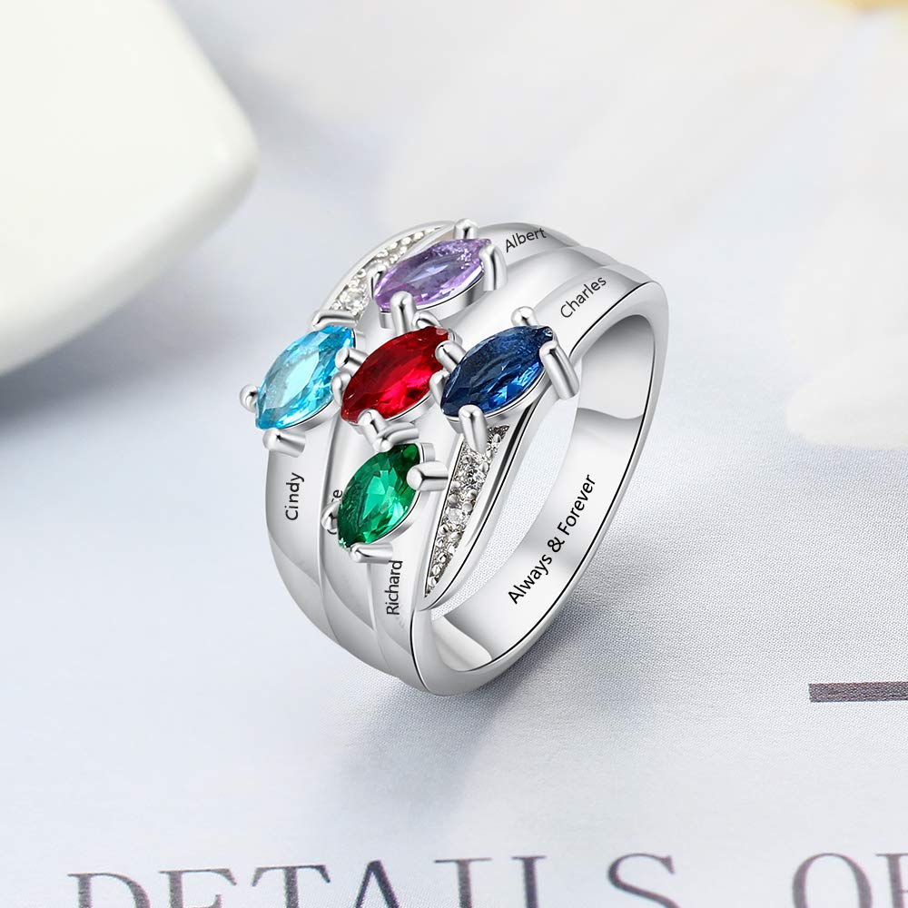 925 Sterling Silver Mother Daughter Rings - Personalized Name & 5 Birthstones Promise Rings for Women | Anniversary, Birthday, Valentine's Day Gift for Mom, Wife, Grandma | Engraved Family Jewelry for Special Occasions