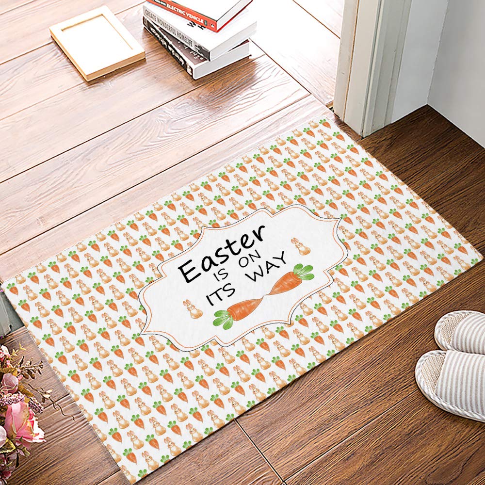 Happy Easter Bunny & Radish Watercolor Doormat - Cute Cartoon Front Door Mat for Indoor/Outdoor Use - Home & Office Welcome Mat - Perfect for Easter Decor, Spring Entryway, and Farmhouse Style Homes