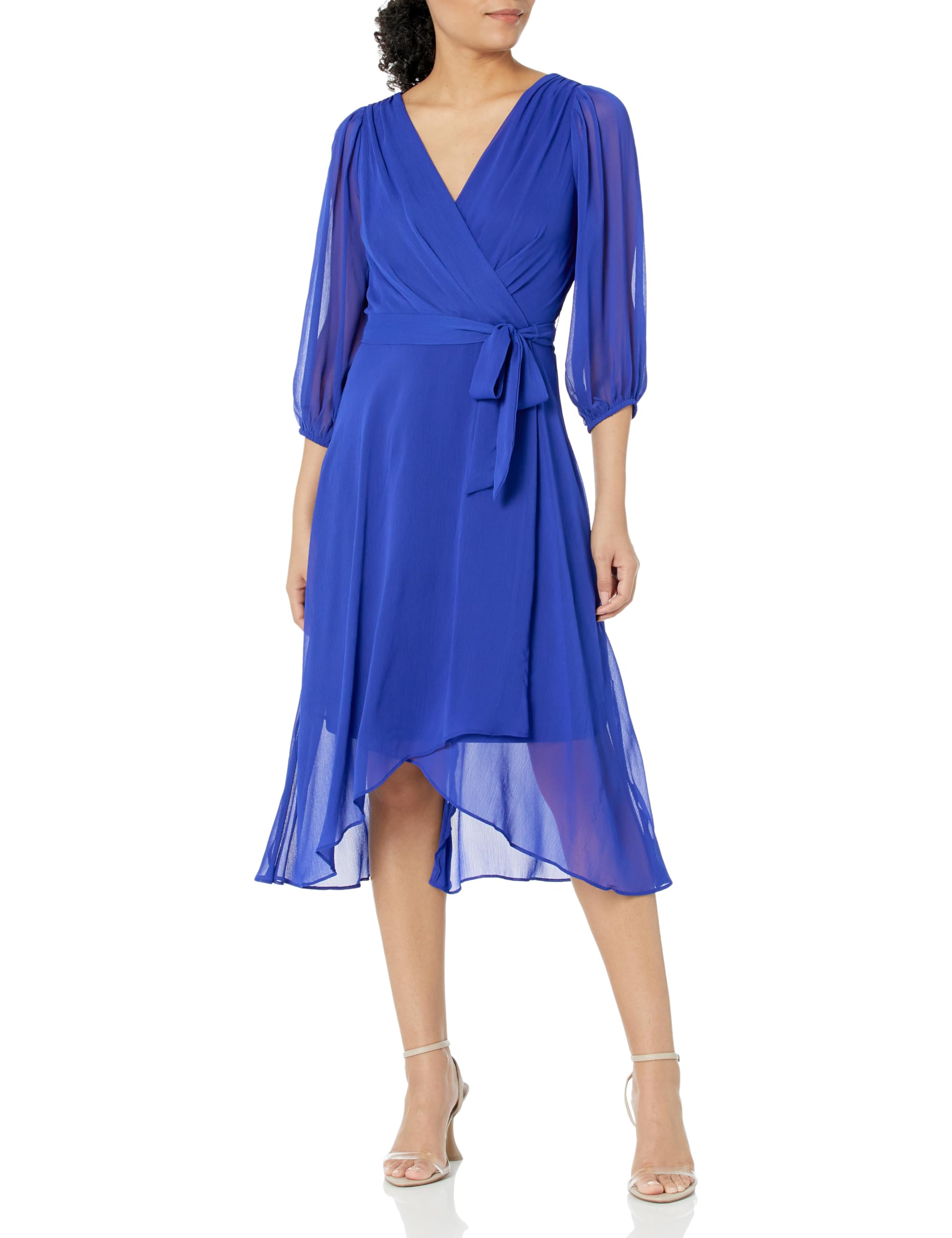 DKNY Women's Balloon Half Sleeve Faux Wrap Midi Dress - Elegant Casual & Office Wear for Spring/Summer | Perfect for Date Nights, Work Events & Special Occasions