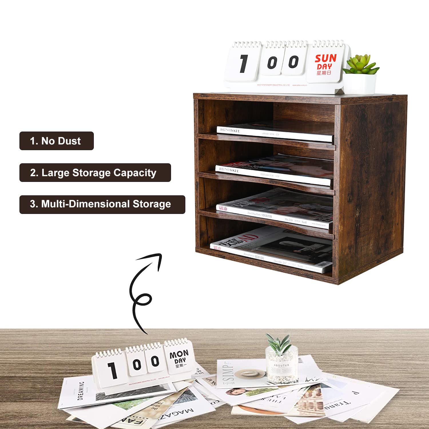 Wood Mail Sorter Organizer - 4 Compartments Desktop File Organizer for Office & Home, Antique Brown