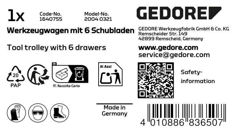 GEDORE 2004 0321 Professional 6-Drawer Tool Trolley - Heavy Duty Rolling Tool Cart for Mechanics & Workshop Organization