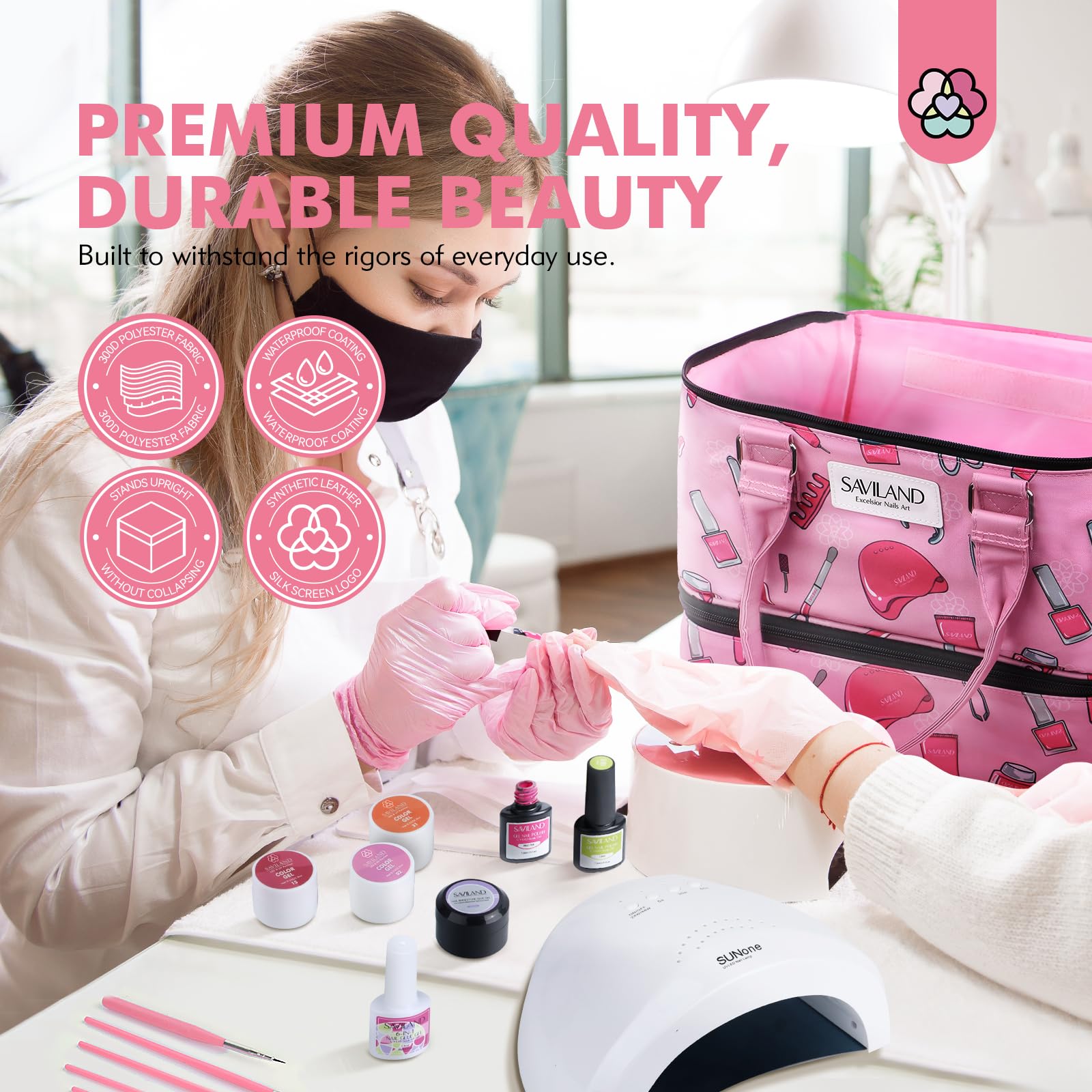SAVILAND Professional Nail Polish Organizer Bag - Double Layer Portable Storage Case Holds 40 Bottles & Nail Lamp | Perfect for Nail Technicians, Salon Professionals & Travel | Durable Nail Supplies Organizer for Home & Mobile Nail Services