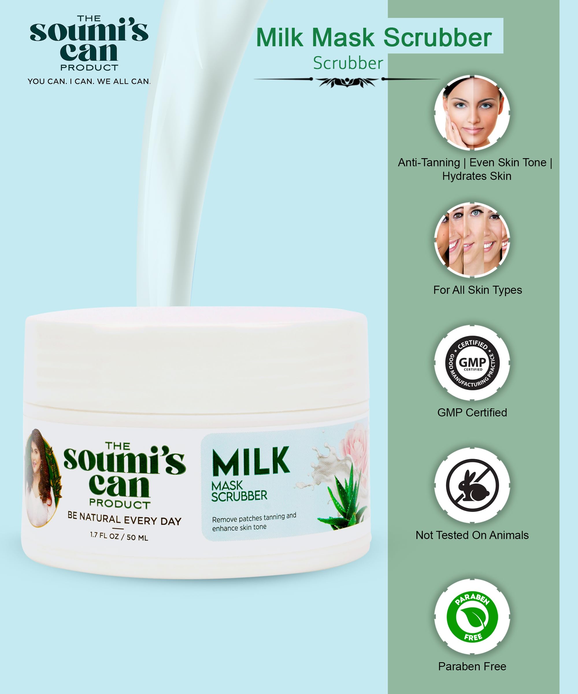 SOUMI's CAN Milk Mask Scrubber 50ml - Deep Cleansing & Exfoliating Face Scrub for Glowing Skin | Pack of 1 | Perfect for Daily Skincare Routine & Spa Days