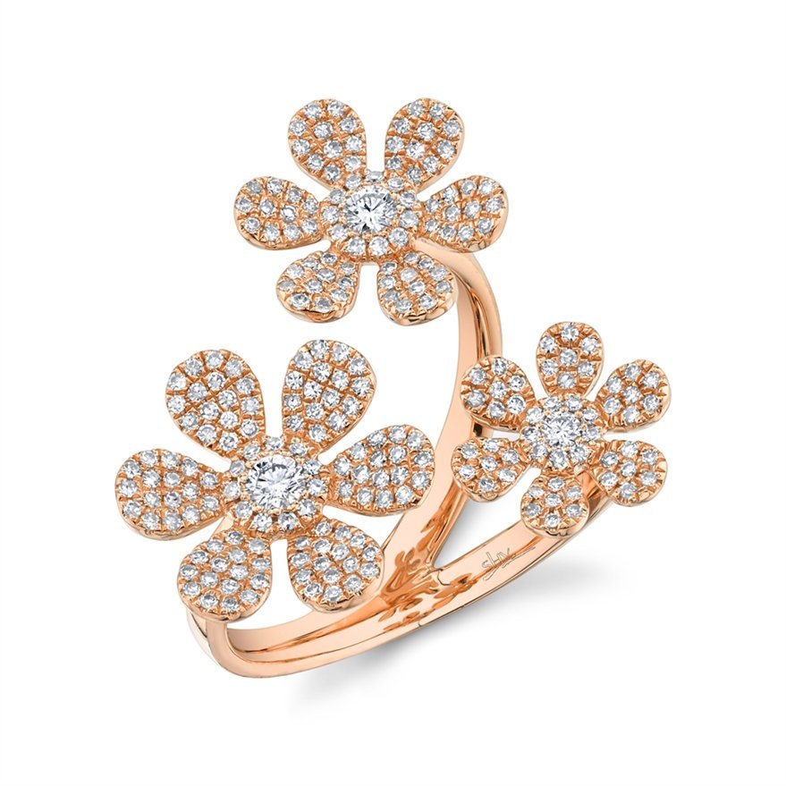 14K Gold 0.62 CTW Pave Diamond 3 Flower Ring for Women - Elegant Floral Engagement, Wedding, Anniversary Gift - Perfect for Romantic Occasions & Special Celebrations