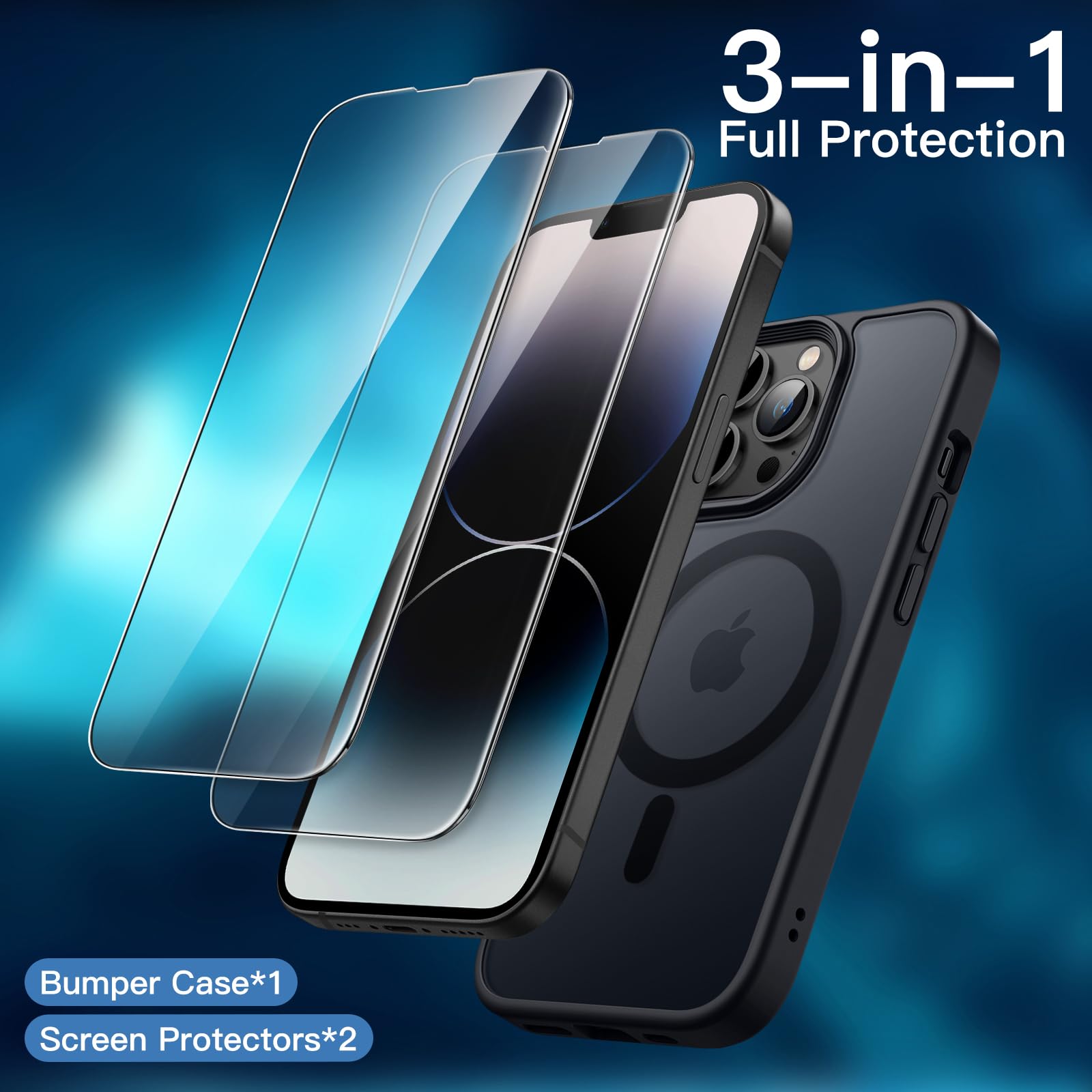 JETech 3 in 1 Magnetic Case for iPhone 14 Pro Max 6.7-Inch | 2 Pack Tempered Glass Screen Protectors | MagSafe Compatible | Translucent Matte Back Shockproof Phone Cover (Black) | Perfect for Daily Protection, Work & Travel Use