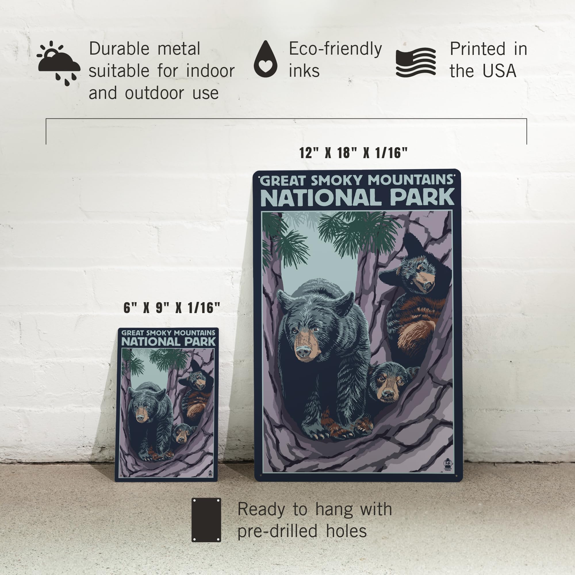 Lantern Press 6x9 Inch Metal Sign - Great Smoky Mountains National Park Tennessee - Black Bear and Cubs in Tree Wall Art - Perfect for Home, Office, Cabin & Outdoor Decor