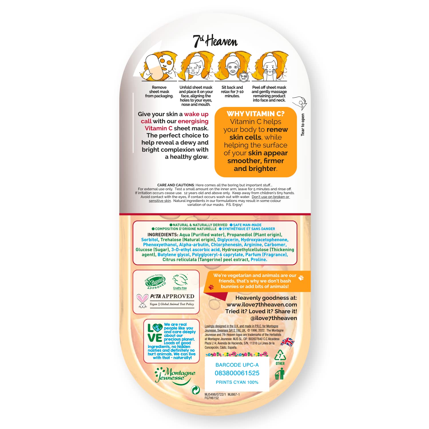 7th Heaven Vitamin C Nutriactive Brightening Sheet Mask with Amino Acids - Skin Smoothing & Firming Face Mask for Glowing Skin | Perfect for Daily Skincare Routine & Spa Night Self-Care