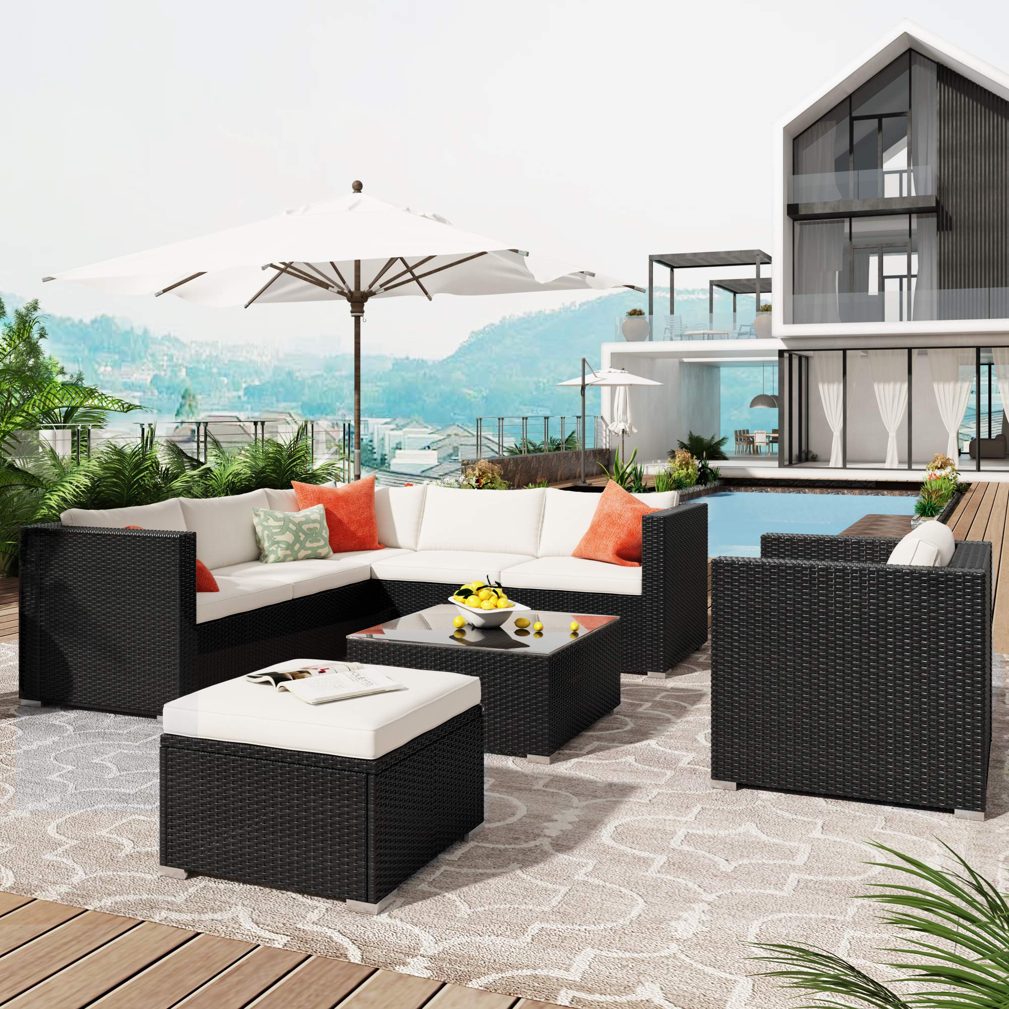 **Merax 8-Piece Patio Furniture Set - All-Weather PE Rattan Outdoor Sectional Sofa with Cushions, Ottoman & Coffee Table - Brown & Beige - Perfect for Backyard, Garden, or Poolside Relaxation**