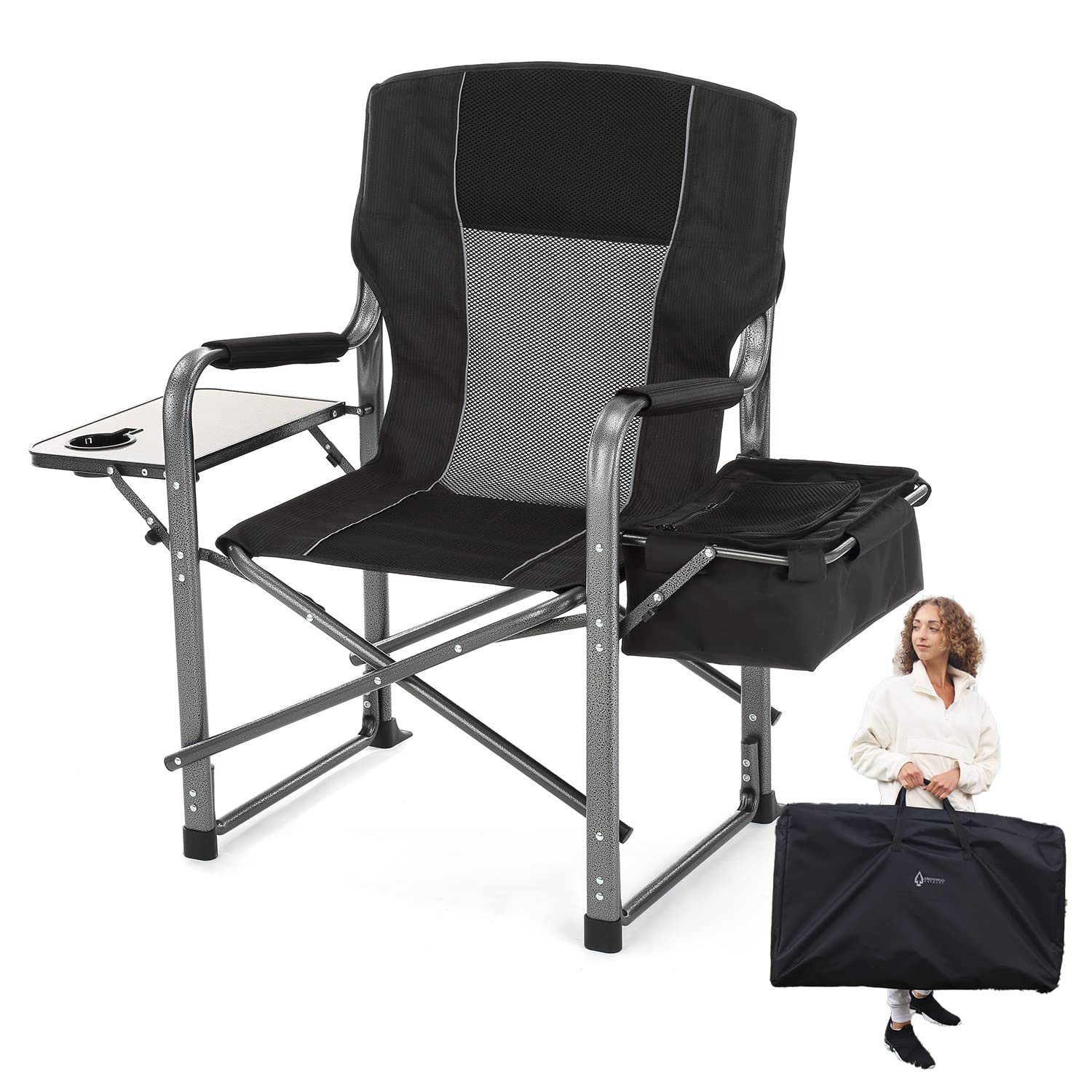 ARROWHEAD OUTDOOR Folding Director’s Chair with Side Table, Integrated Cooler, Cup Holder, Storage Pouch, Breathable Mesh Back, 450lbs Capacity, Carrying Case, Steel Frame, High-Grade 900D Canvas - Perfect for Camping, Backyard Relaxation, and Outdoor Events