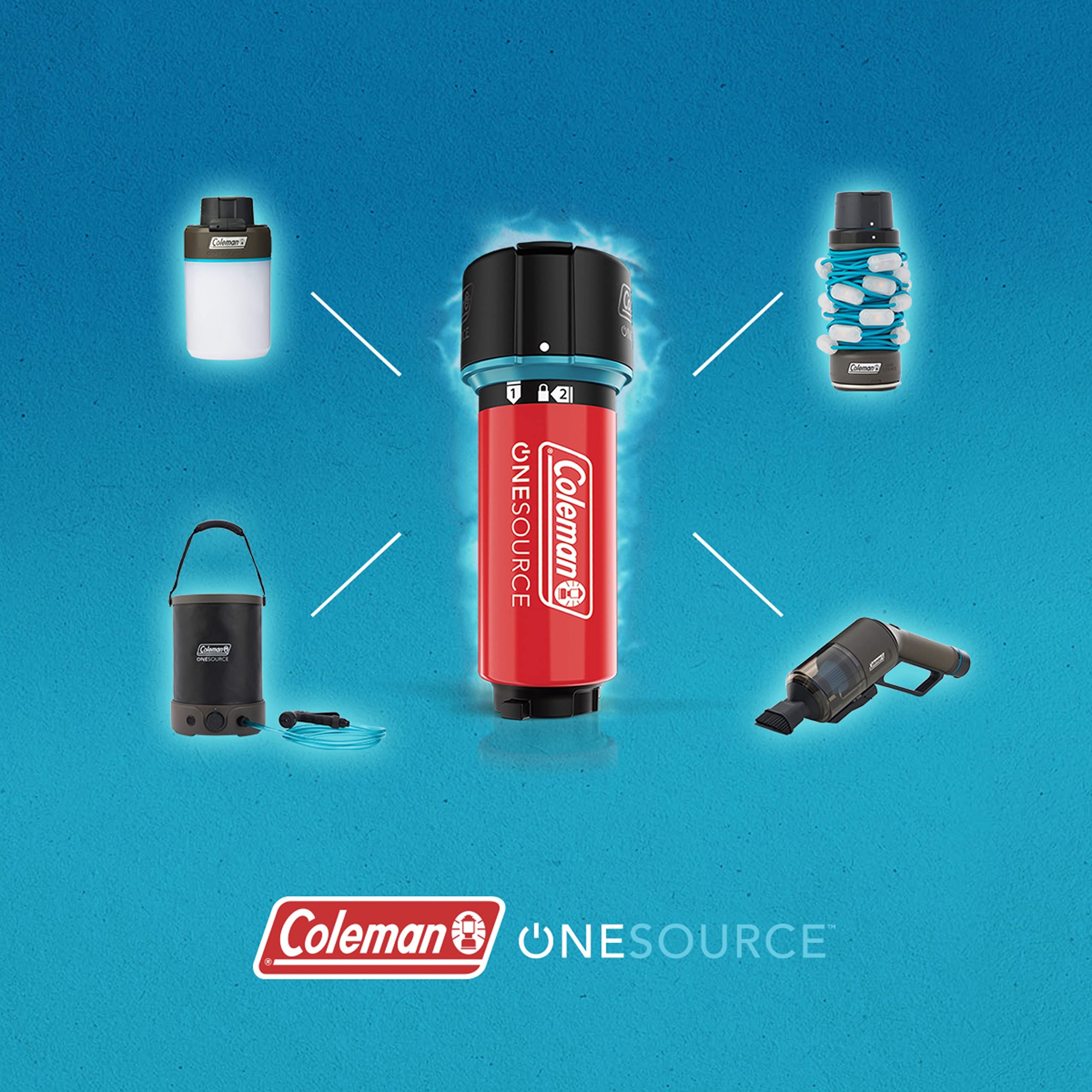**Coleman OneSource Rechargeable Outdoor Camping Gear Set - Portable Camp Shower, Cordless Vacuum, Fan, Bluetooth Speaker & Air Pump with Included Battery - Perfect for Camping, Hiking & RV Trips**