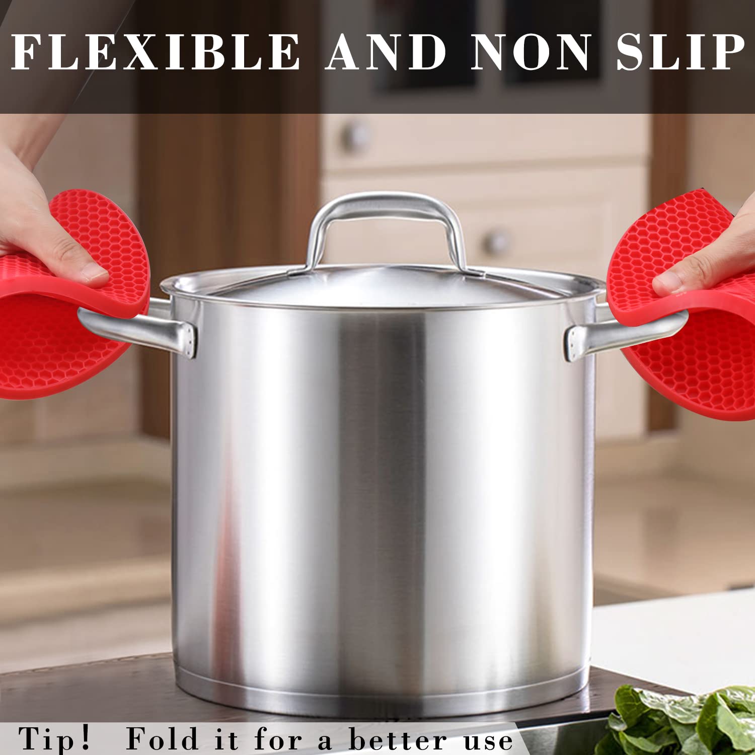 Heat Resistant Silicone Trivets for Hot Pots & Pans - 4PCS Oversized Kitchen Pot Holders, Hot Pads, Spoon Holder & Jar Opener - Non-Slip Drying Mat for Countertops (Red) - Perfect for Cooking, Baking & Serving Dishes
