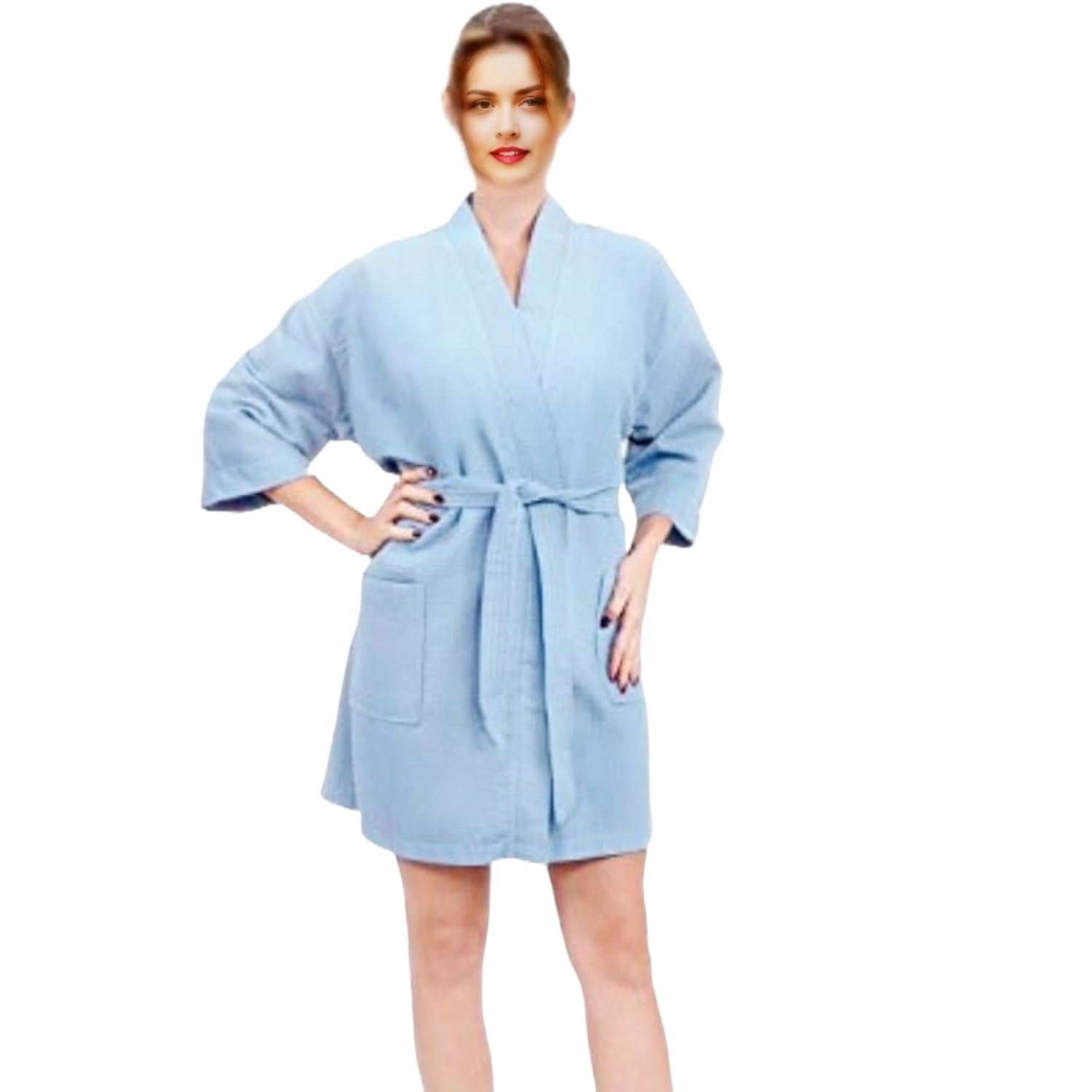 Women's Short Waffle Robe - Knee Length Waffle Weave Kimono Spa Bathrobe for Relaxation, Lounging & Self Care at Home