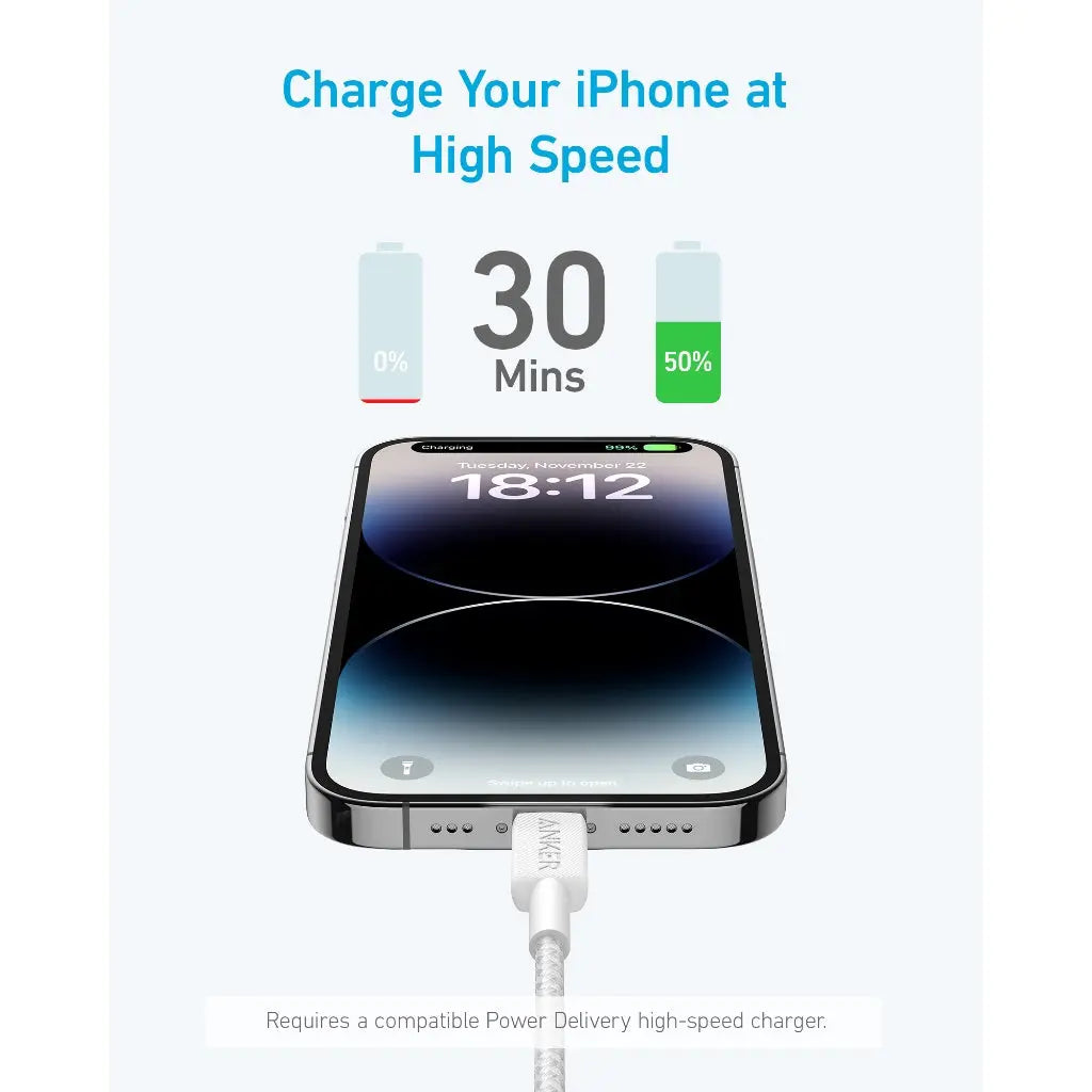 Anker 322 PowerLine USB C to Lightning Cable 6ft/1.8m 60W Fast Charging Cable - Compatible with iPhone 14/13/12/11/X, iPad & More - Perfect for Home, Office & Travel Charging