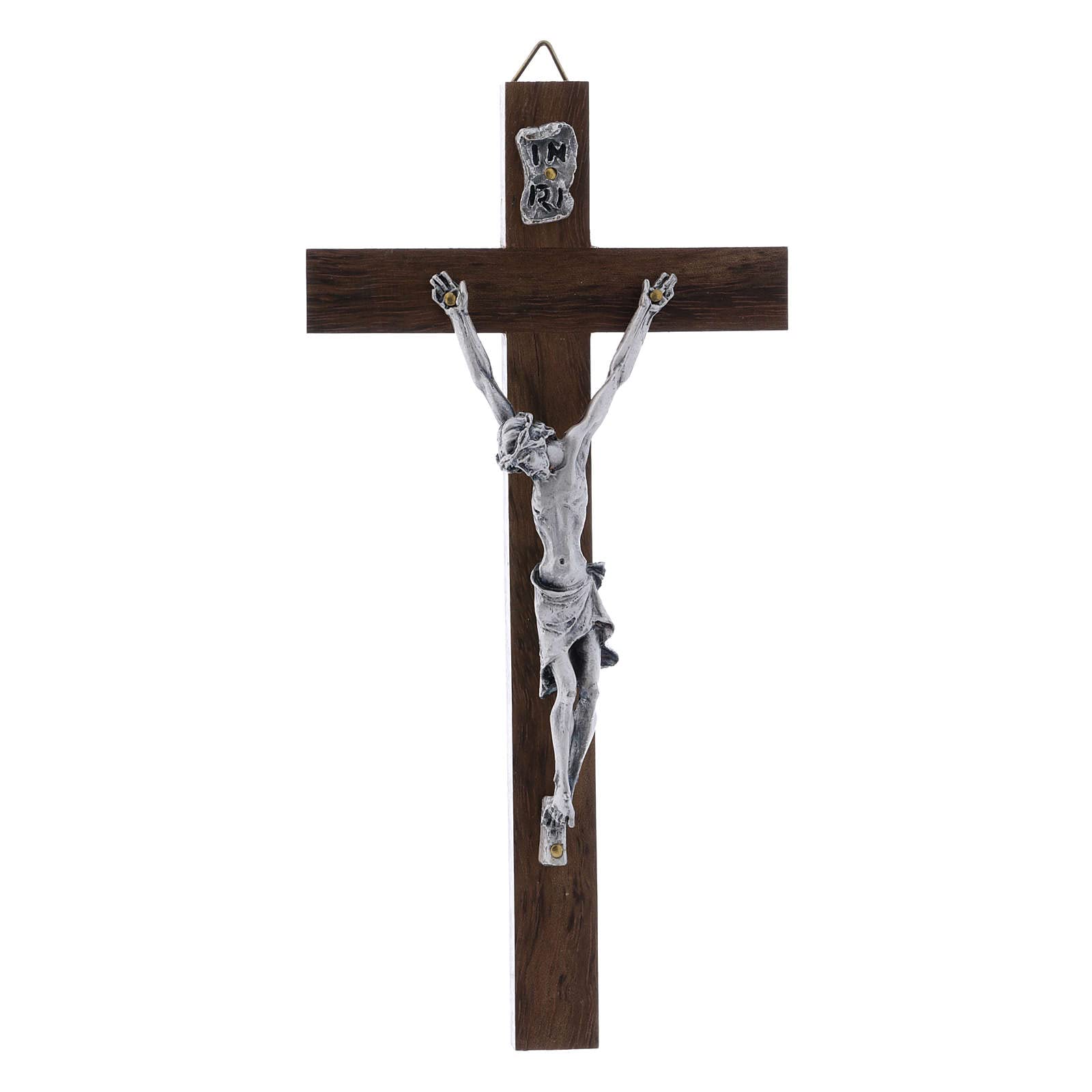 HolyArt Silver Crucifix on Walnut Cross - 16 cm Modern Religious Cross for Home Decor, Church Altar & Prayer Spaces