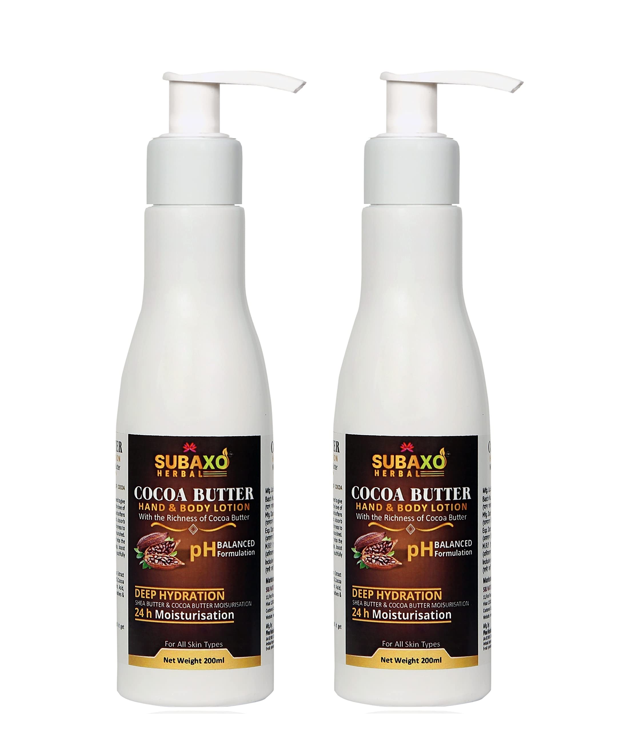 SUBAXO Cocoa Butter Herbal Body Lotion for Dry Skin - Deep Hydration Moisturizer with Natural Ingredients (200ml x 2 Pack) - Perfect for Daily Use, After Shower & Nighttime Skincare Routine